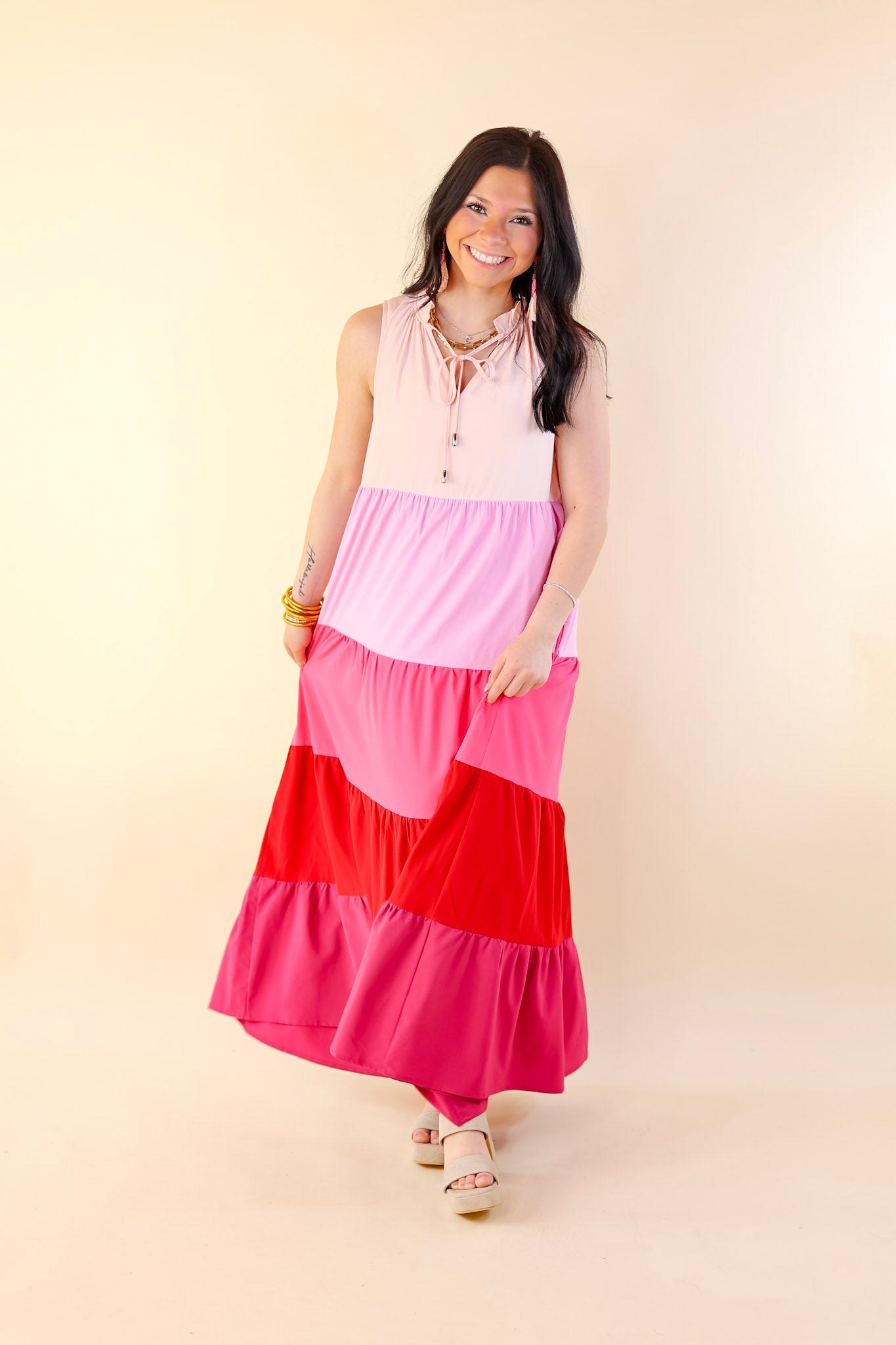 Calm Waters High Neck Tiered Maxi Dress in Pink Mix - Giddy Up Glamour Boutique