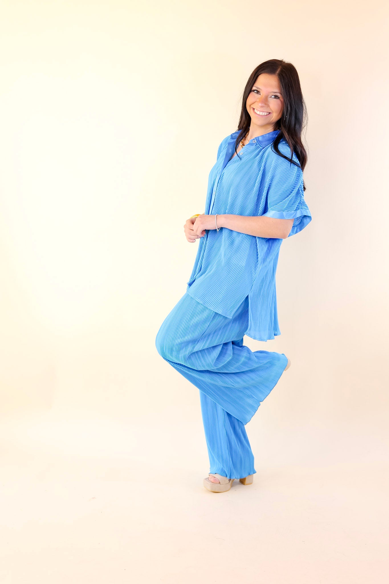 Walking In Paradise Plissé Drawstring Pants in Blue - Giddy Up Glamour Boutique