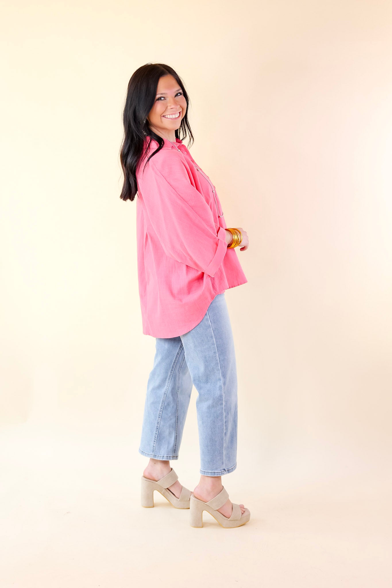 Sweet Surprise Half Button Up Poncho Top with Collared Neckline in Coral Pink - Giddy Up Glamour Boutique