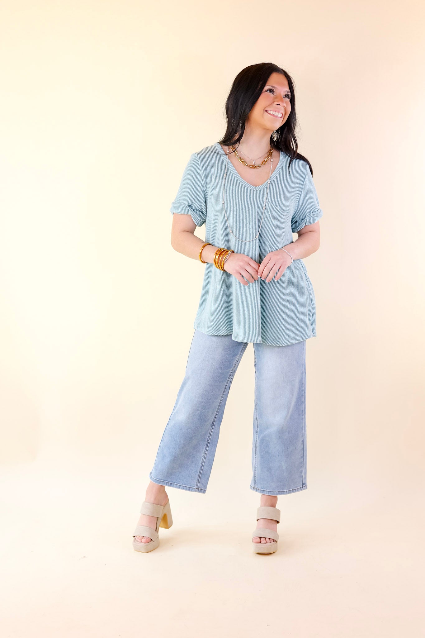 Only True Love Ribbed Short Sleeve Top with Front Pocket in Dusty Turquoise - Giddy Up Glamour Boutique