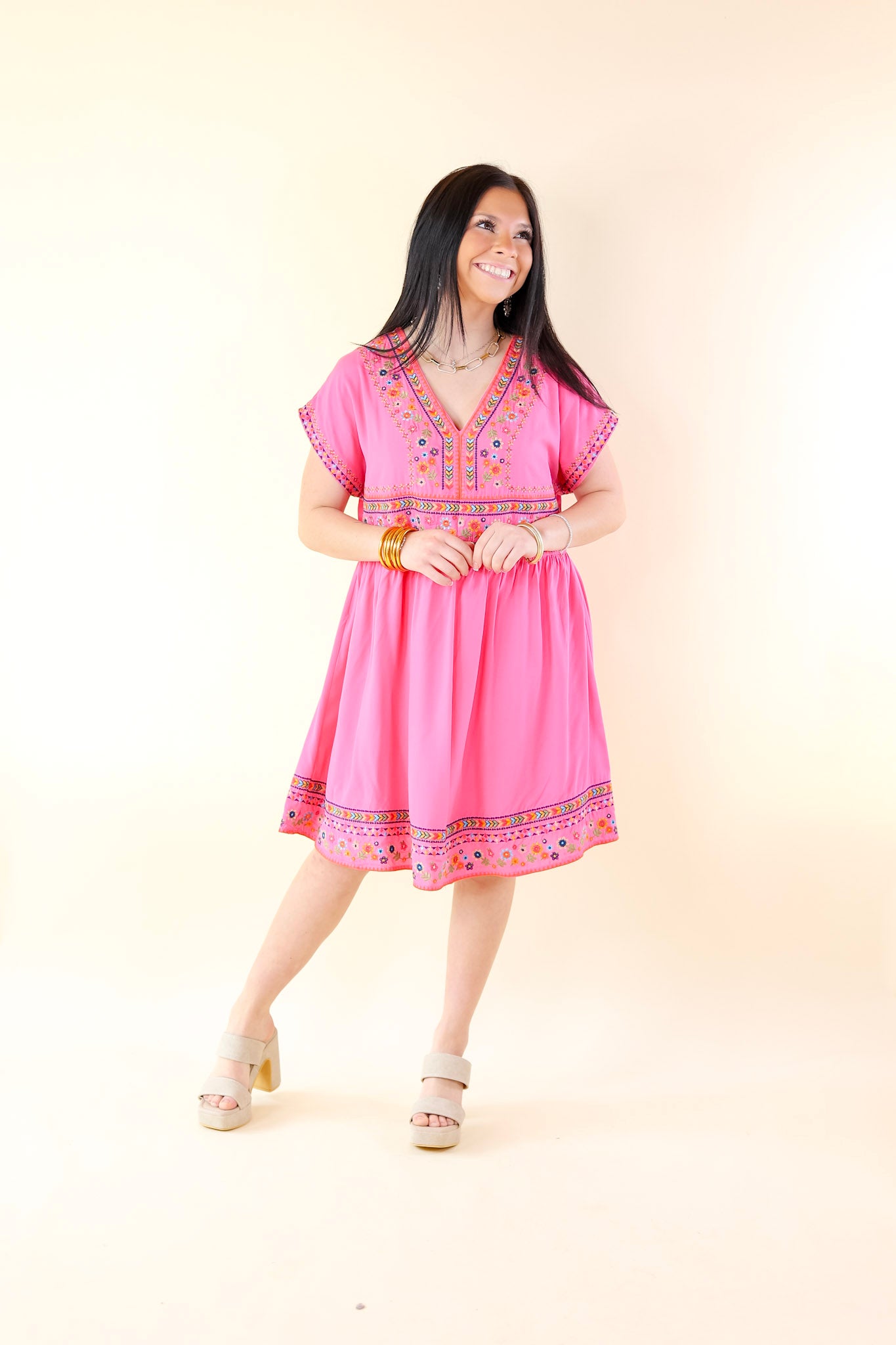 Passing Through V Neck Embroidered Dress with Short Sleeves in Pink