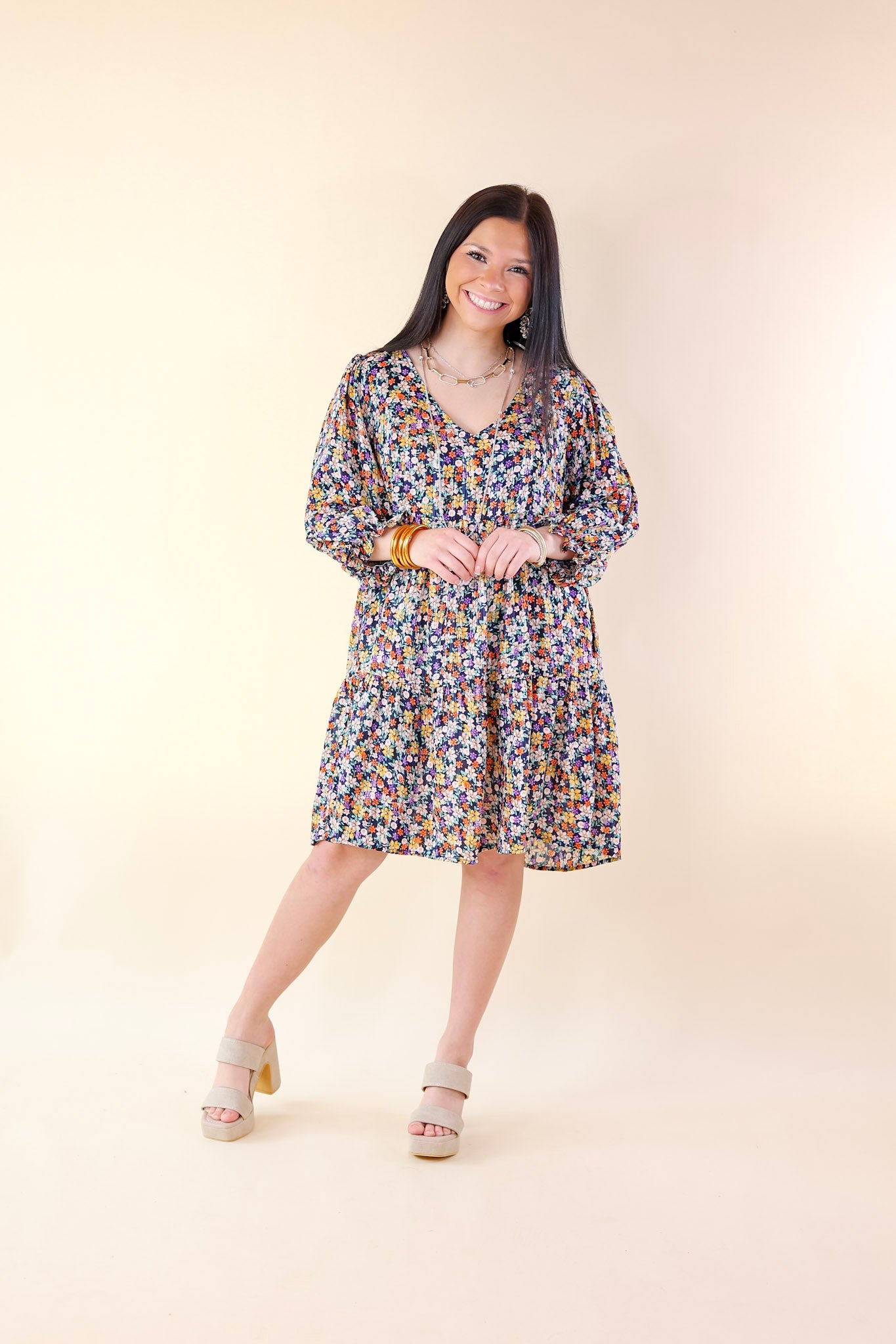 Pretty Personality Tiered Floral Dress in Navy Blue