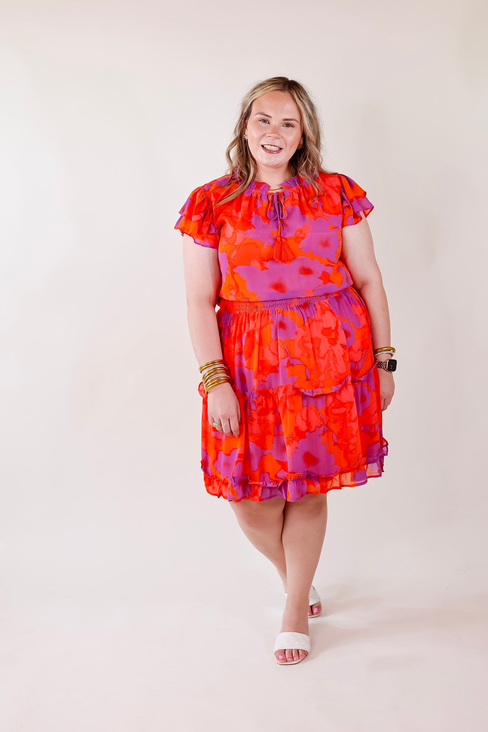 Girl On Fire Ruffle Sleeve and Tie Neck Dress in Orange and Purple - Giddy Up Glamour Boutique