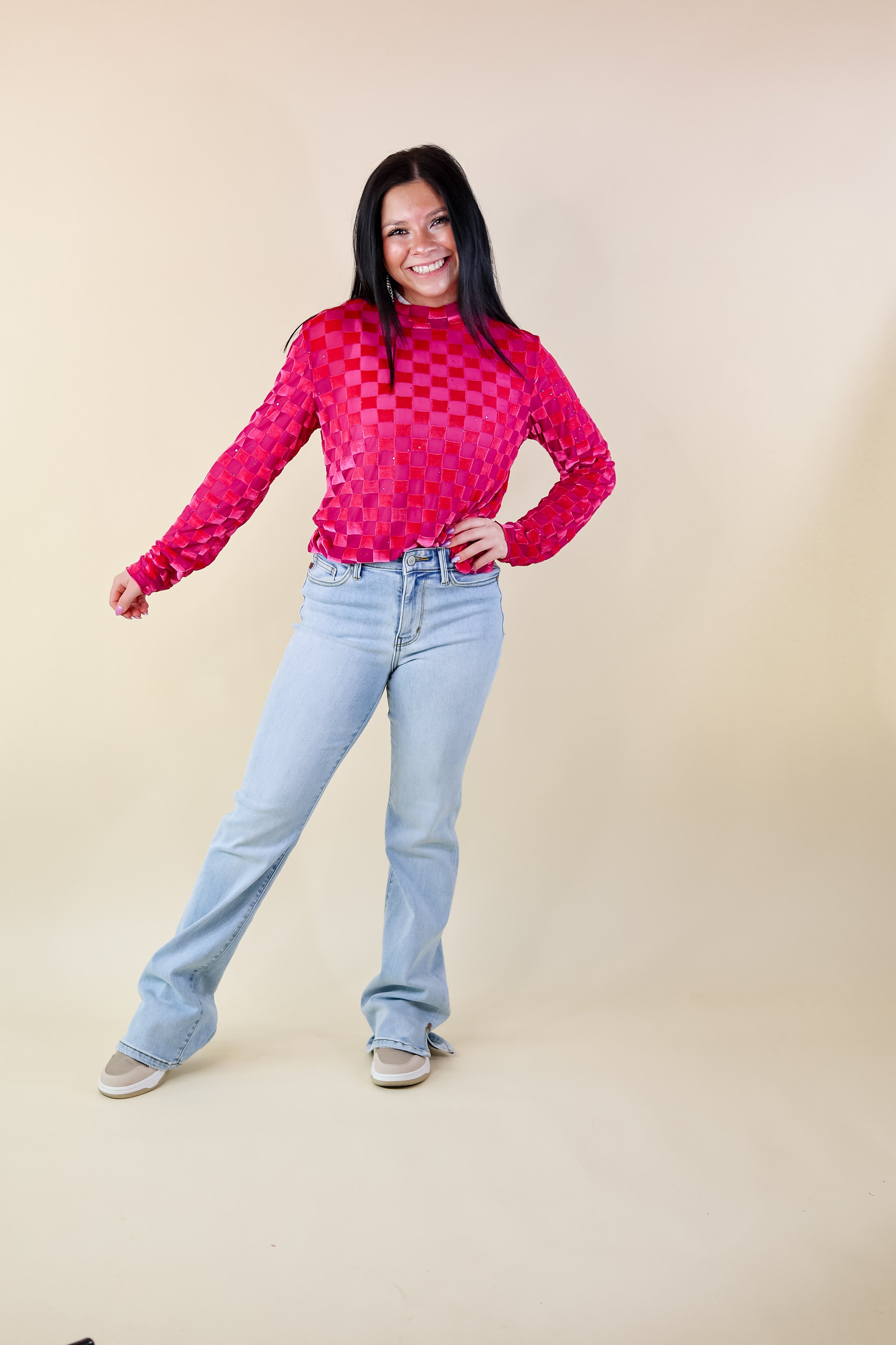 Rodeo Drive Mesh Checkered Print with Glitter Long Sleeve Top in Pink - Giddy Up Glamour Boutique