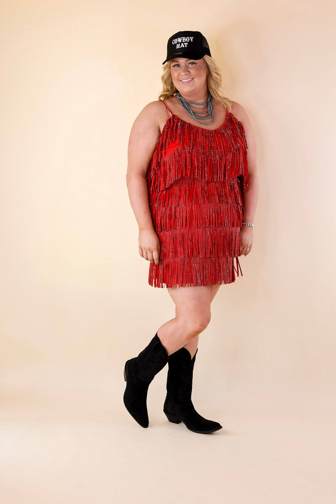 Cowboy Killer Crystal Fringe Dress in Red