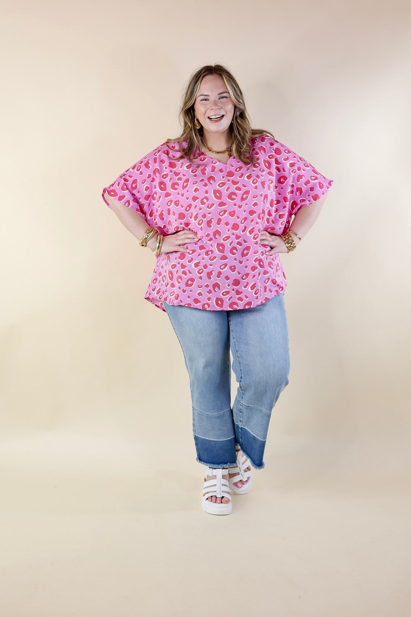 Majestic Moment V Neck Leopard Print Poncho Top in Pink - Giddy Up Glamour Boutique