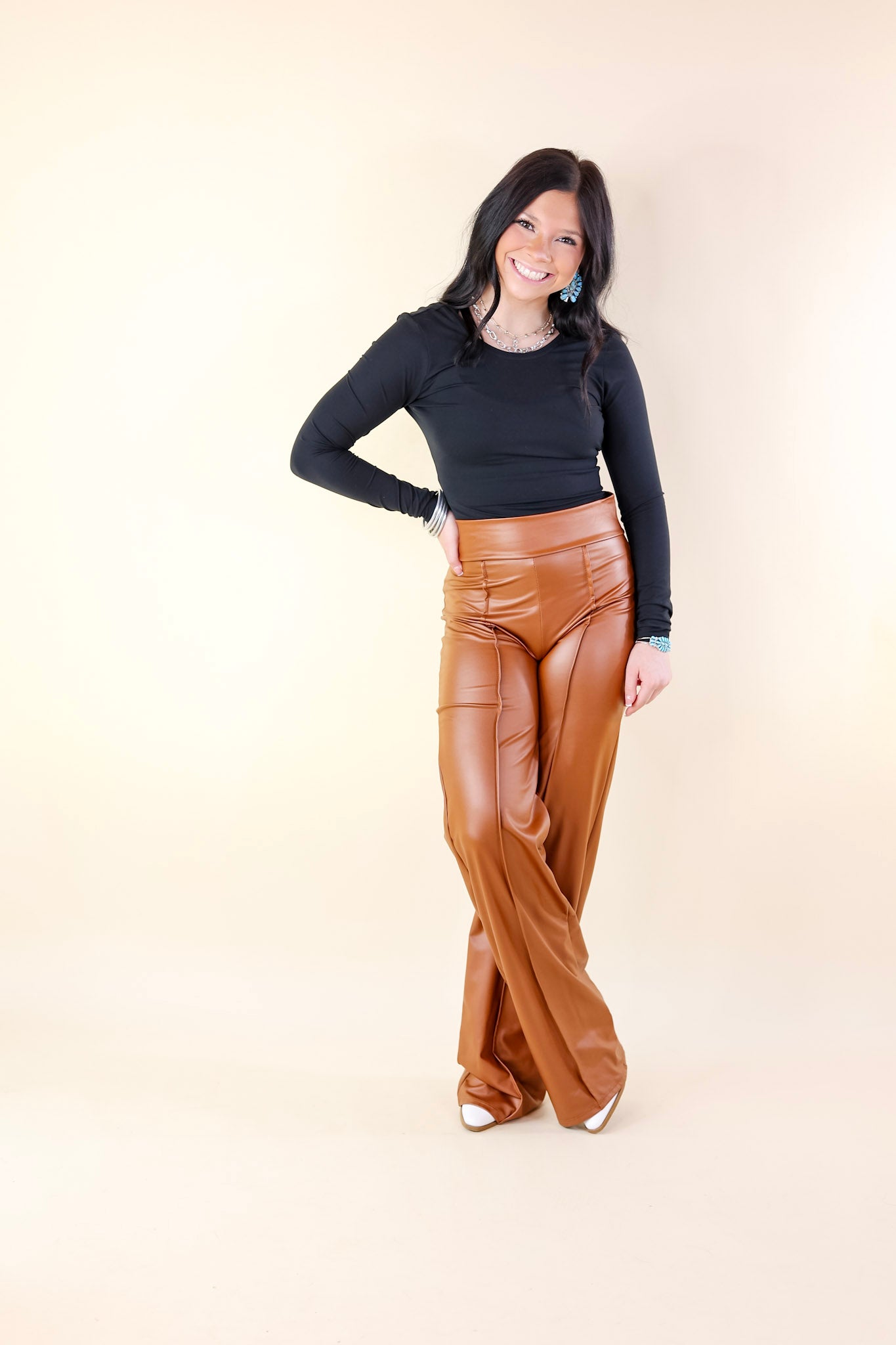 Advice For You Straight Leg Faux Leather Straight Leg with Front Seam in Camel Brown - Giddy Up Glamour Boutique