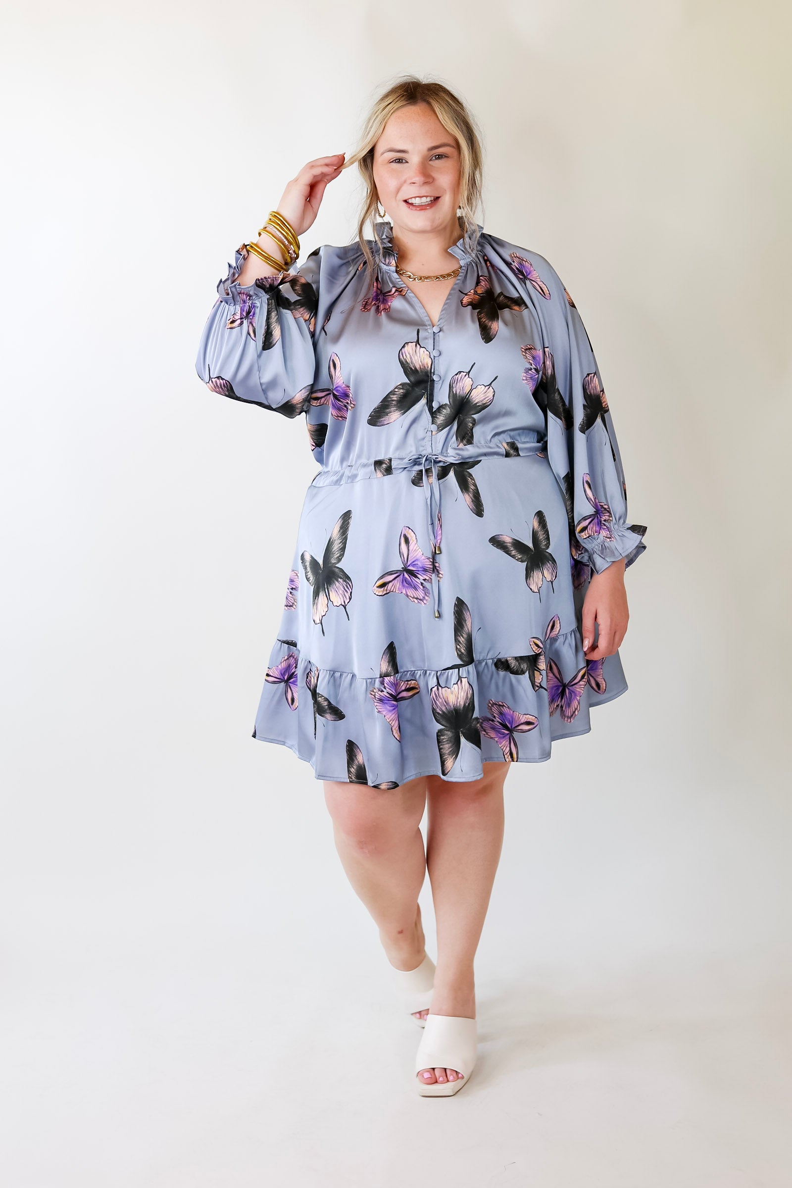 Butterfly Fly Away Half Button Dress with Butterfly Print in Dusty Blue - Giddy Up Glamour Boutique