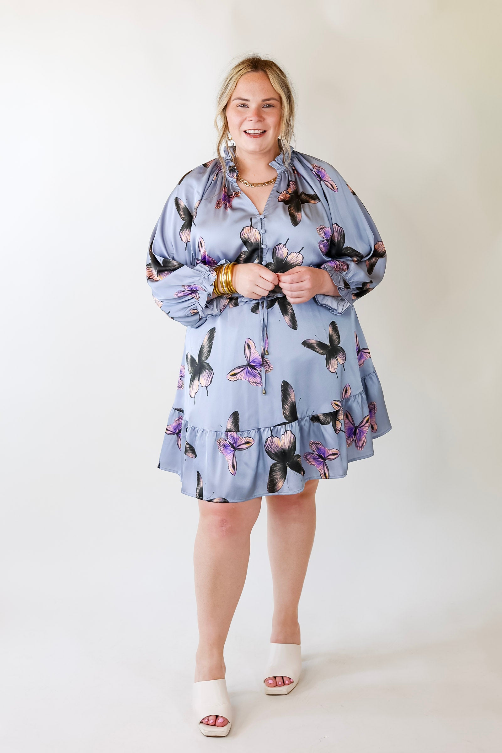 Butterfly Fly Away Half Button Dress with Butterfly Print in Dusty Blue - Giddy Up Glamour Boutique