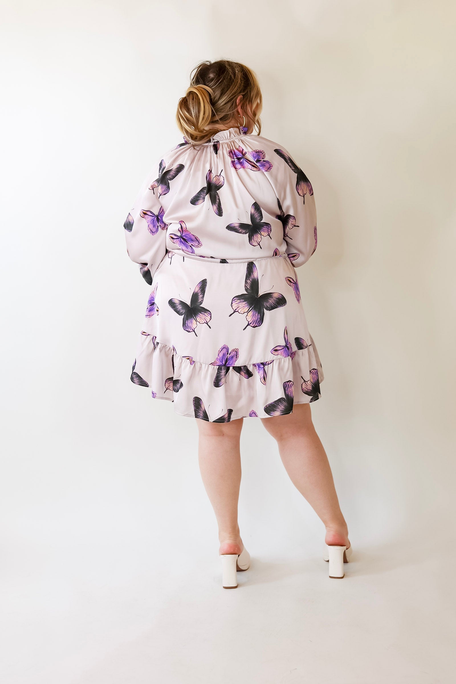 Butterfly Fly Away Half Button Dress with Butterfly Print in Muted Purple - Giddy Up Glamour Boutique