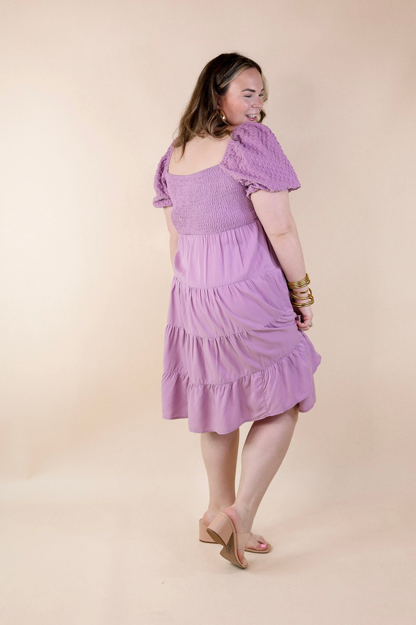 Coastal Cruising Babydoll Dress with Short Balloon Sleeves in Lavender Purple - Giddy Up Glamour Boutique