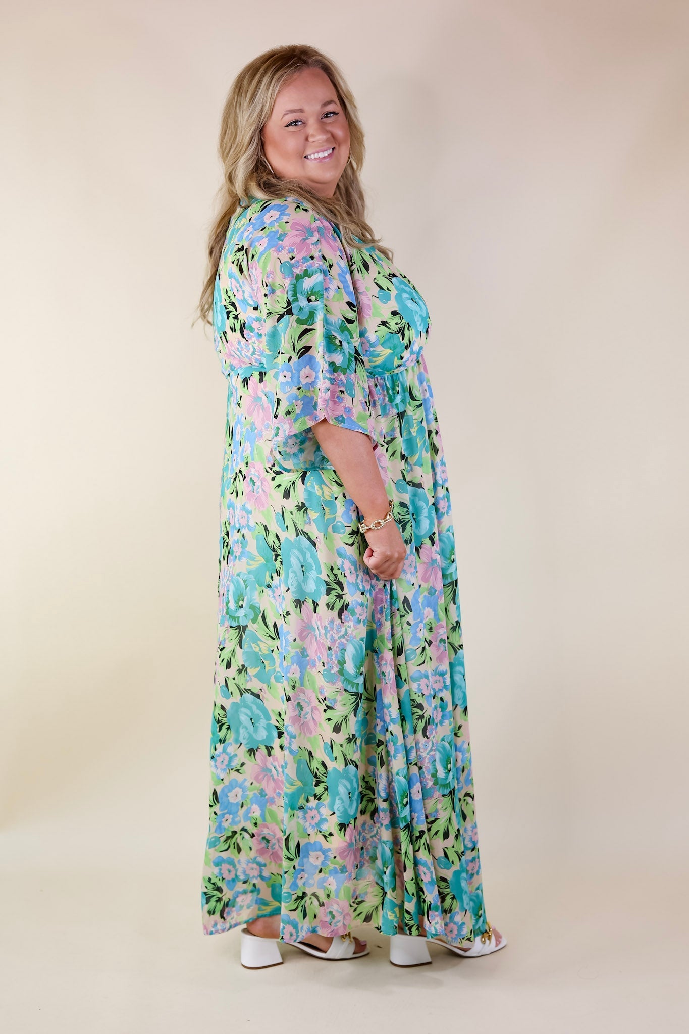 Beautifully Botanical V Neck Floral Print Maxi Dress in Blue and Green Mix - Giddy Up Glamour Boutique