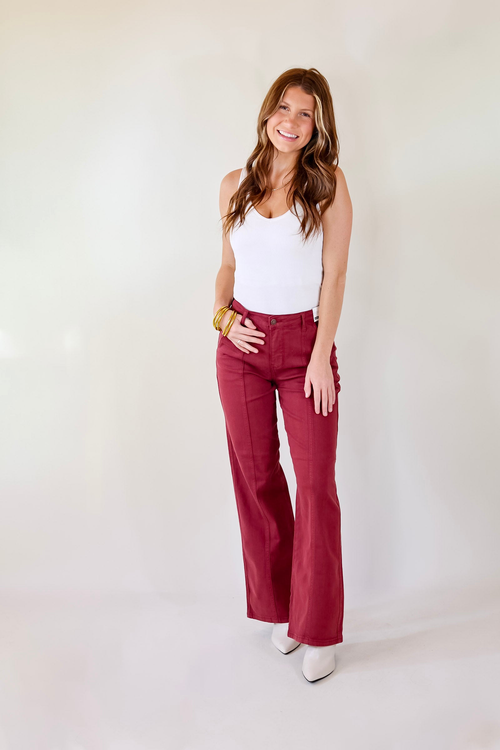 Judy Blue | Day Dreamin' Wide Leg Jeans with Front Seam in Burgundy Red - Giddy Up Glamour Boutique