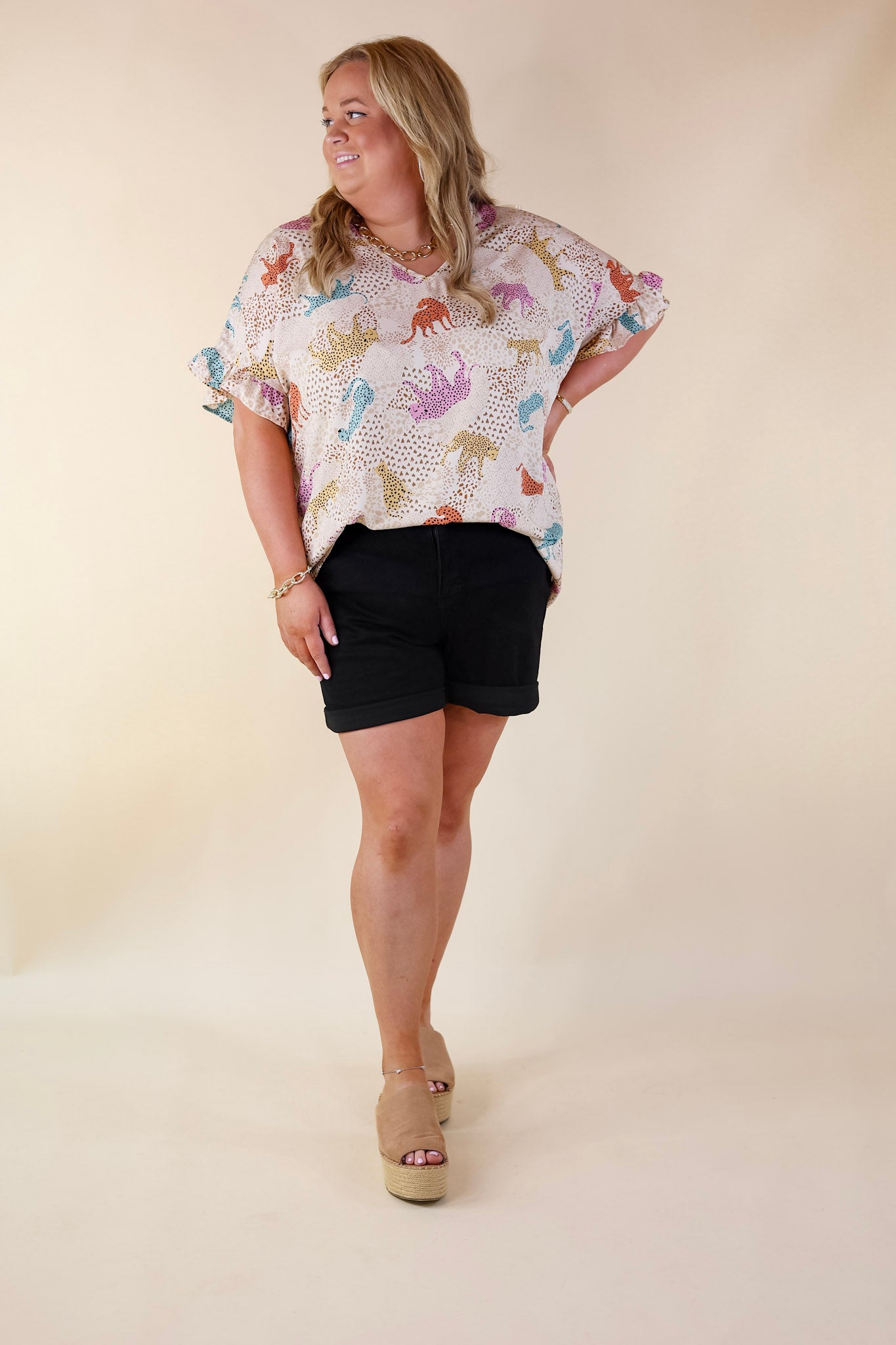 Best Version Cheetah Print V Neck Top with Ruffle Short Sleeves in Beige Mix - Giddy Up Glamour Boutique