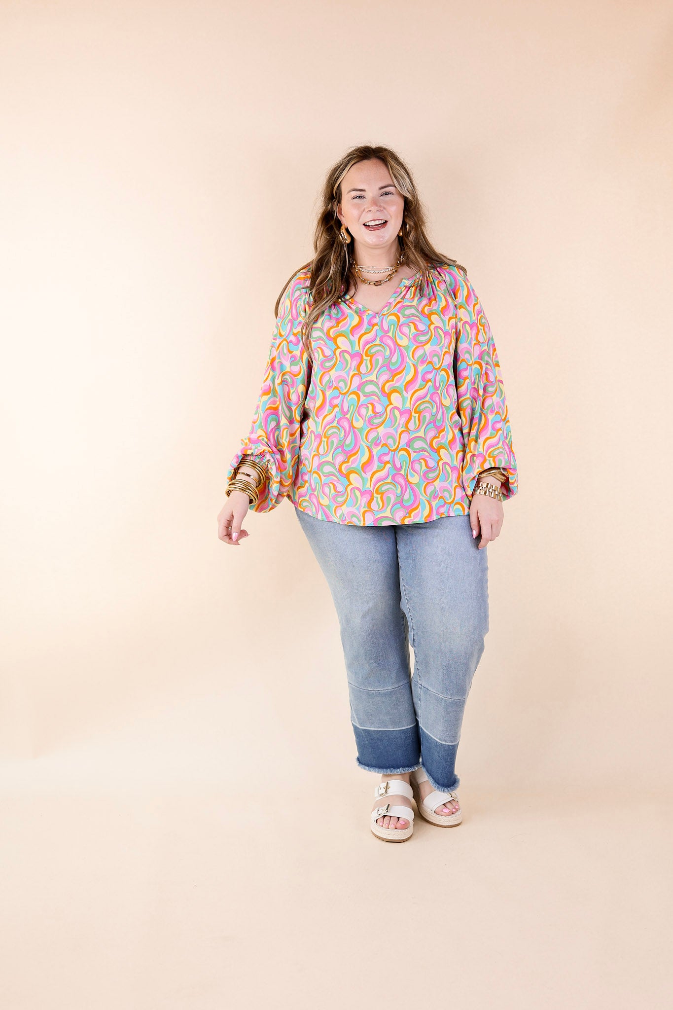 Follow Your Happiness Notched V Neck Psychedelic Top with Long Sleeves in Pink Mix - Giddy Up Glamour Boutique