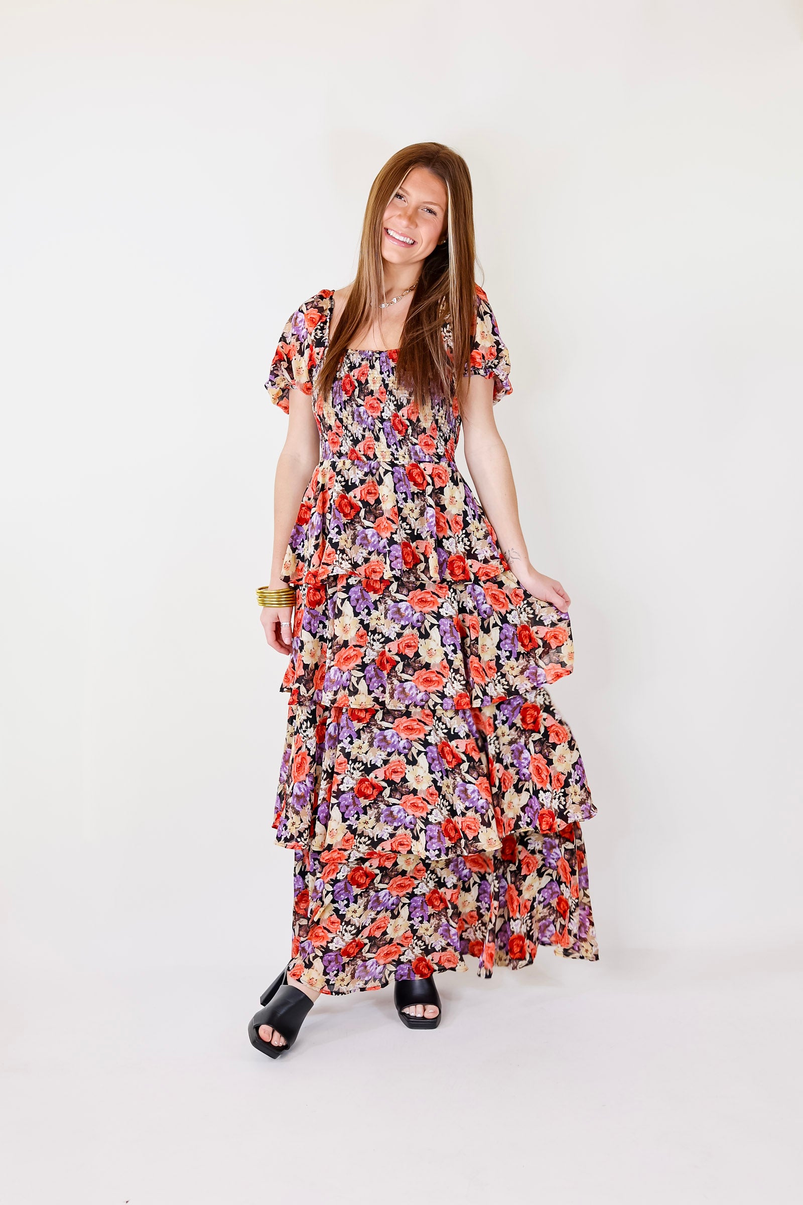 Fun Feeling Floral Tiered Maxi Dress with Smocked Balloon Sleeves in Pink Mix - Giddy Up Glamour Boutique