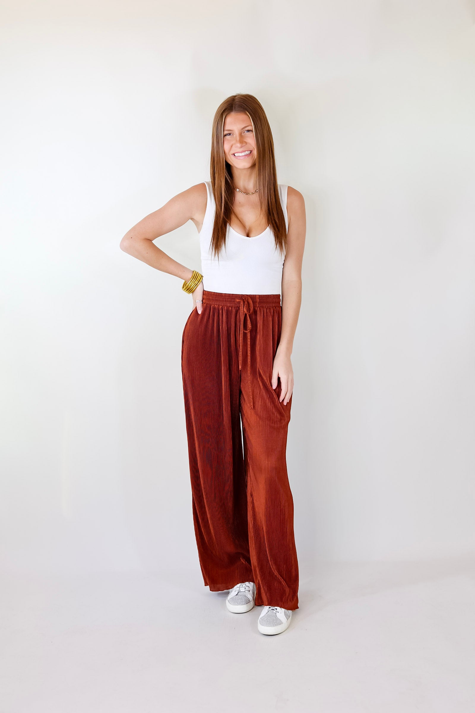What You Admire Plissé Drawstring Pants in Rust Brown - Giddy Up Glamour Boutique