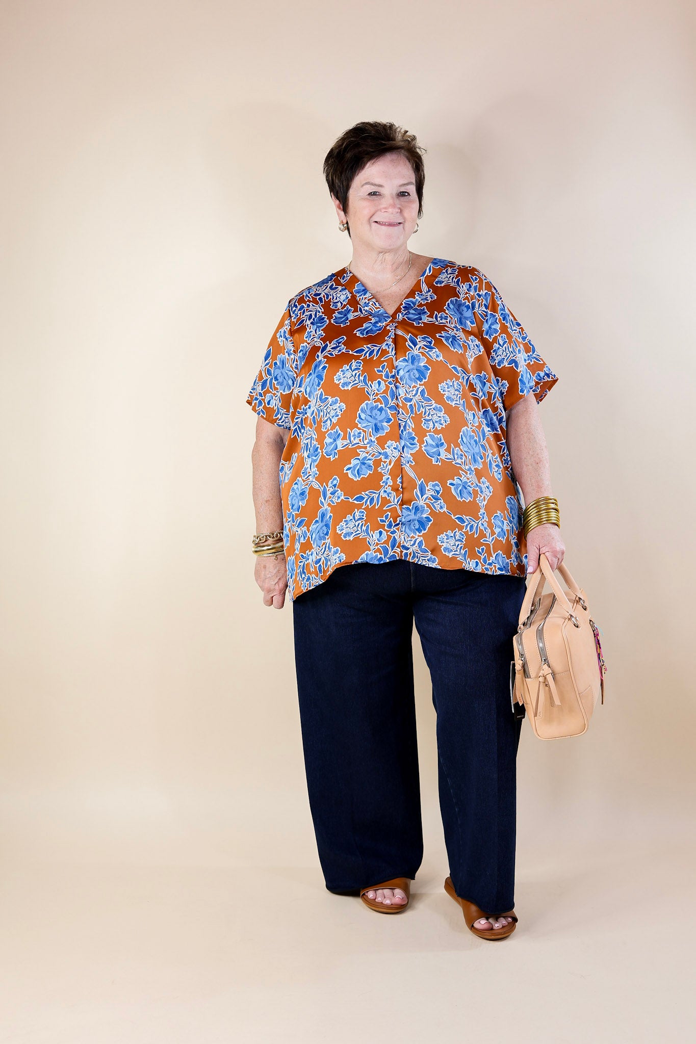 Whimsical Ways Floral Short Sleeve Blouse in Copper and Blue - Giddy Up Glamour Boutique