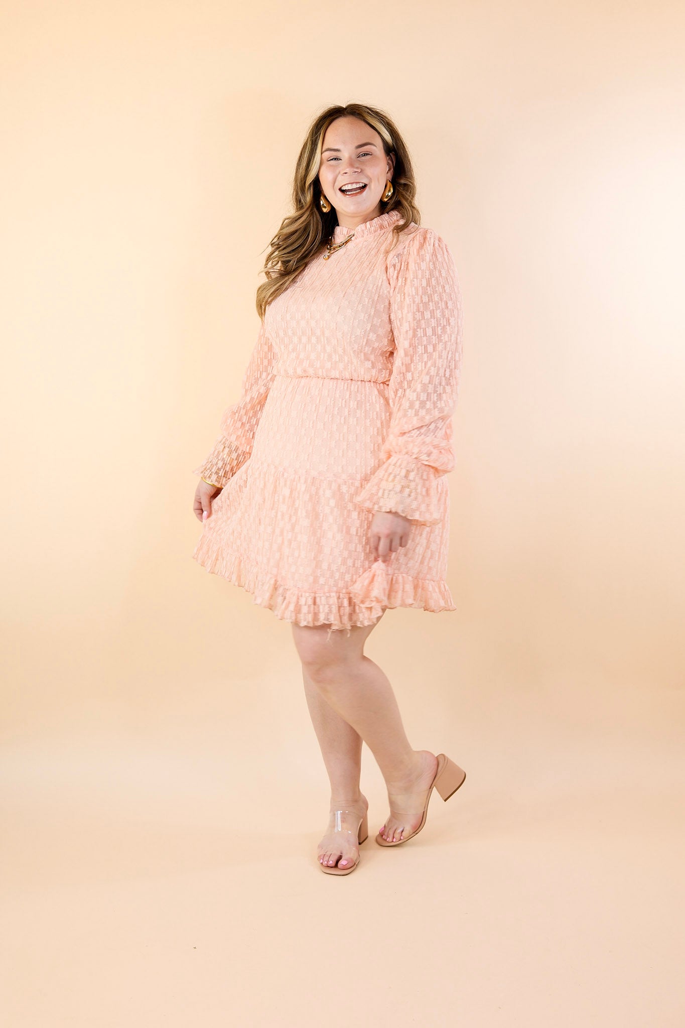 Love and Lace Ruffle Neckline and Long Sleeve Dress in Peach Pink - Giddy Up Glamour Boutique