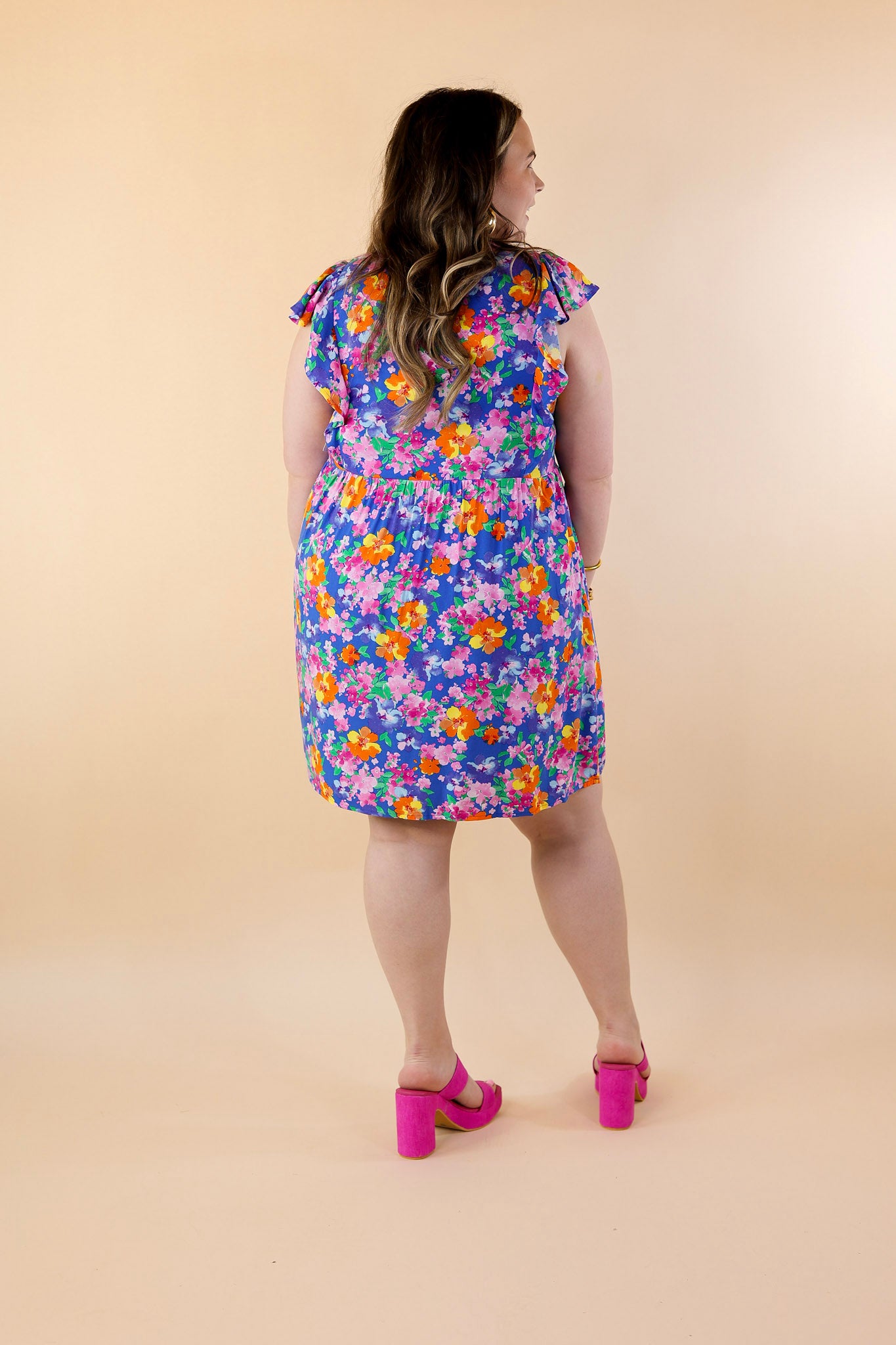 Sunshine On My Mind Floral Ruffle Cap Sleeve Dress in Blue - Giddy Up Glamour Boutique