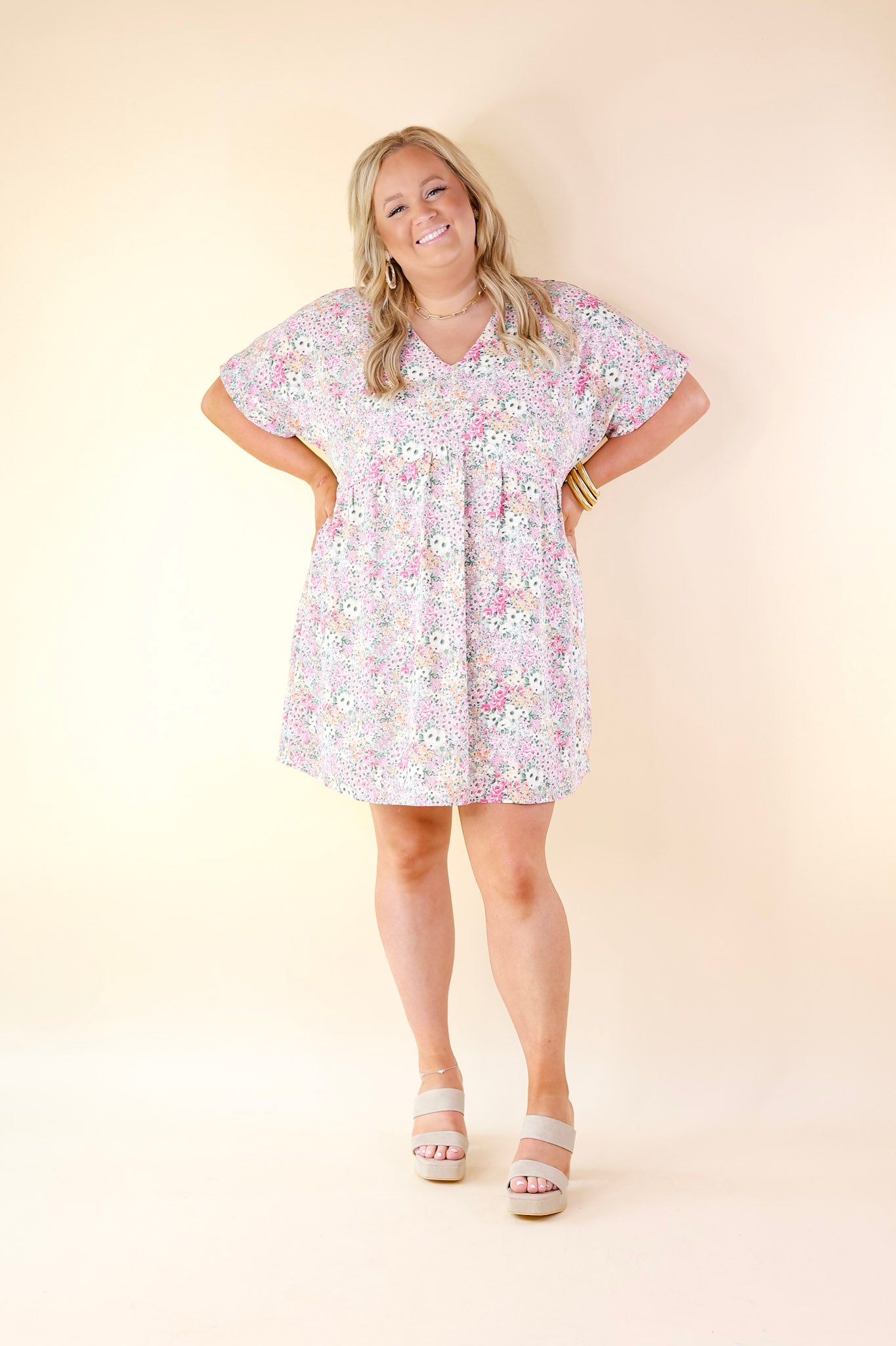 Fresh Blossoms Floral Print Babydoll Dress with V Neck in Green - Giddy Up Glamour Boutique