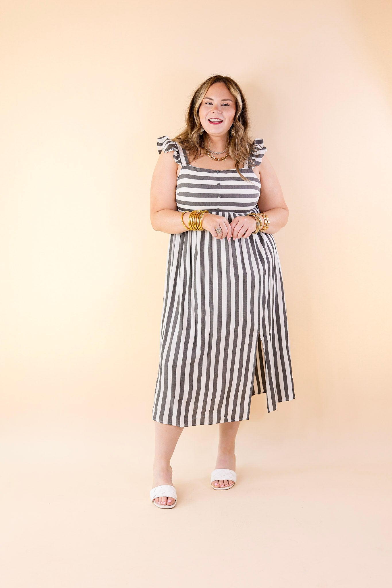 Beach Dreamin Pinstripe Dress in Grey and White - Giddy Up Glamour Boutique
