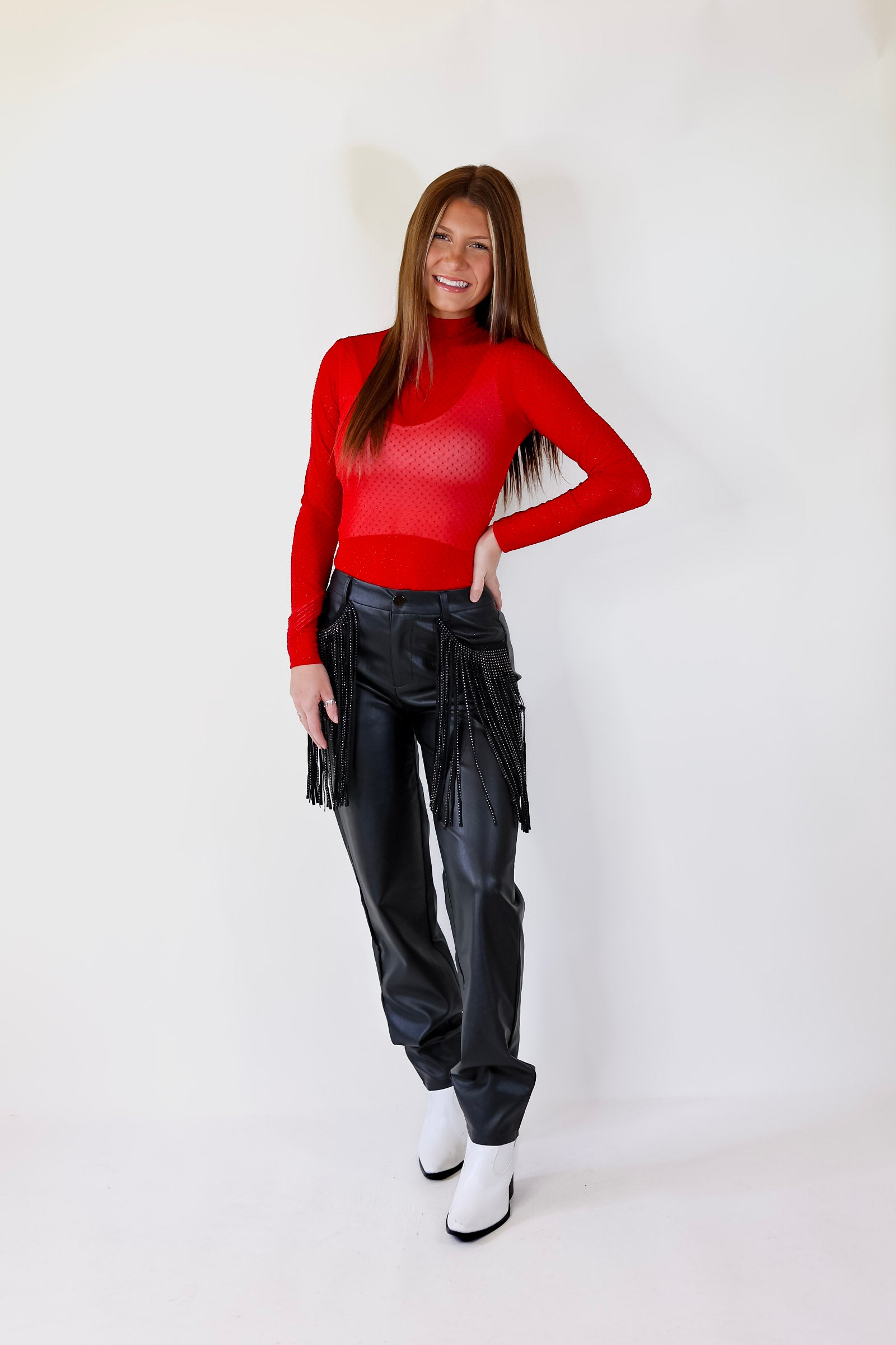 Try Your Luck Glitter Mesh Long Sleeve Bodysuit in Red - Giddy Up Glamour Boutique