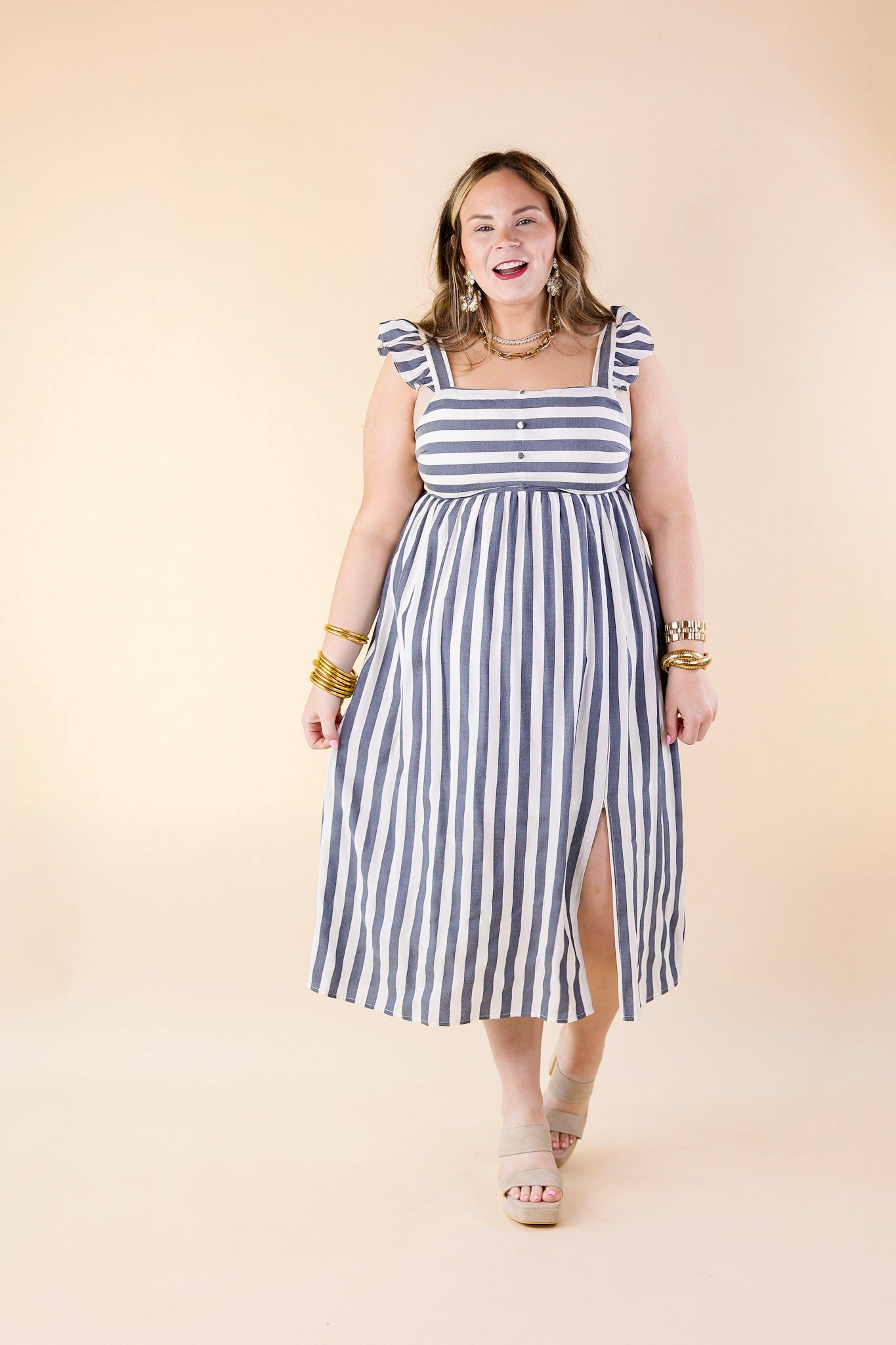 Beach Dreamin Pinstripe Dress in Dark Blue and White - Giddy Up Glamour Boutique