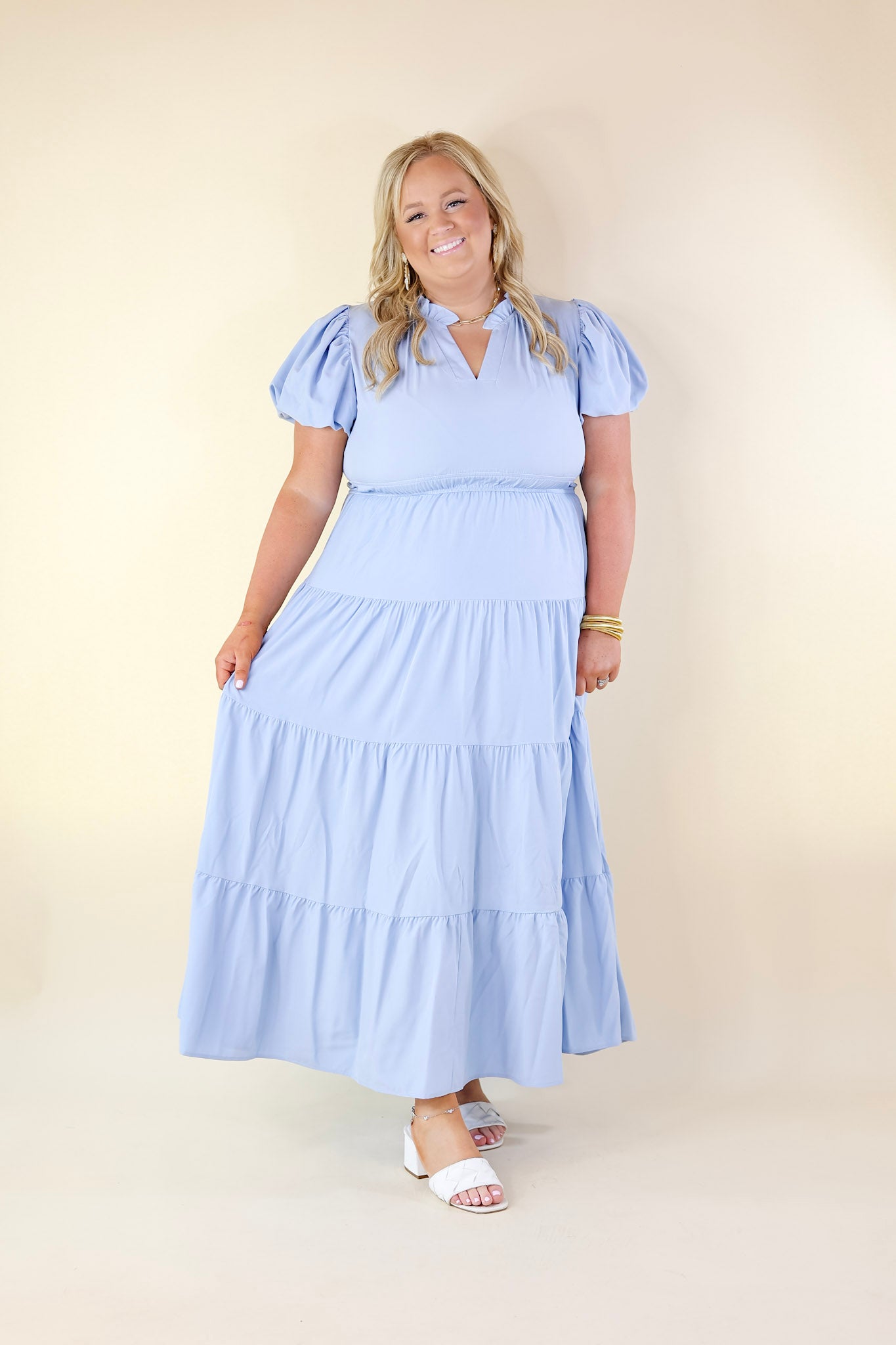 Table for Two Tiered Maxi Dress with Puff Sleeves in Chambray Blue - Giddy Up Glamour Boutique