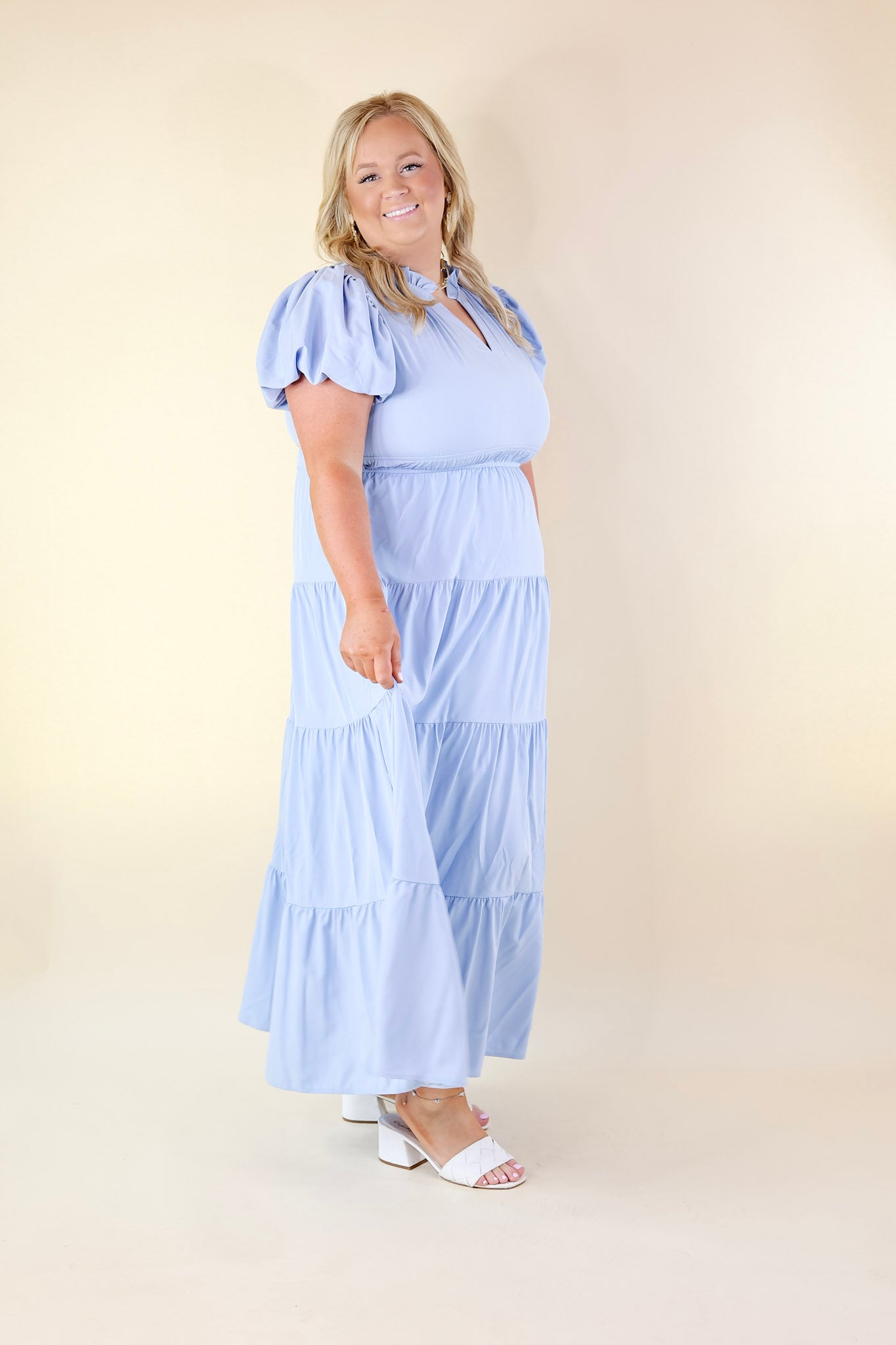 Table for Two Tiered Maxi Dress with Puff Sleeves in Chambray Blue - Giddy Up Glamour Boutique