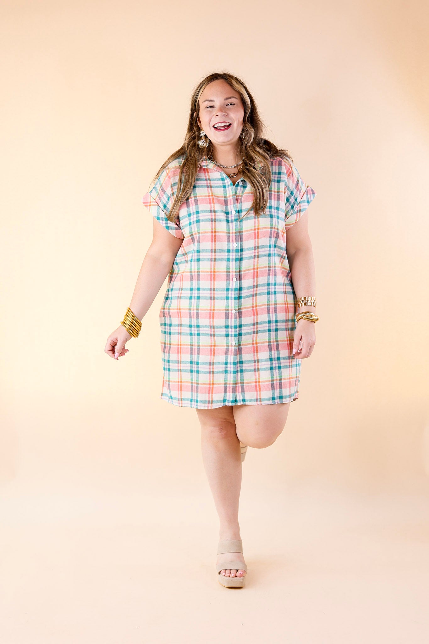 Better To Stand Out Plaid Button Up Dress in Ivory - Giddy Up Glamour Boutique