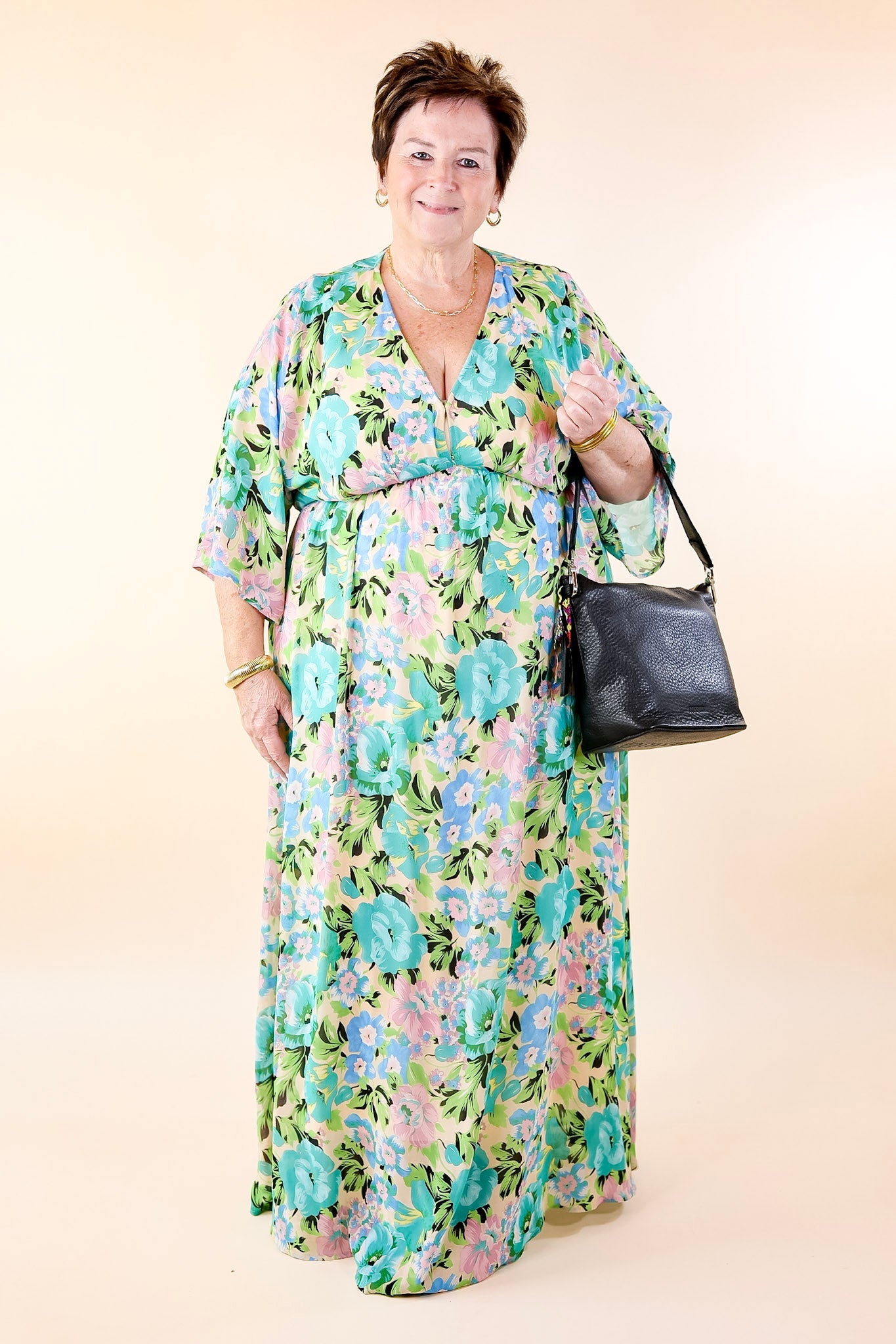 Beautifully Botanical V Neck Floral Print Maxi Dress in Blue and Green Mix - Giddy Up Glamour Boutique