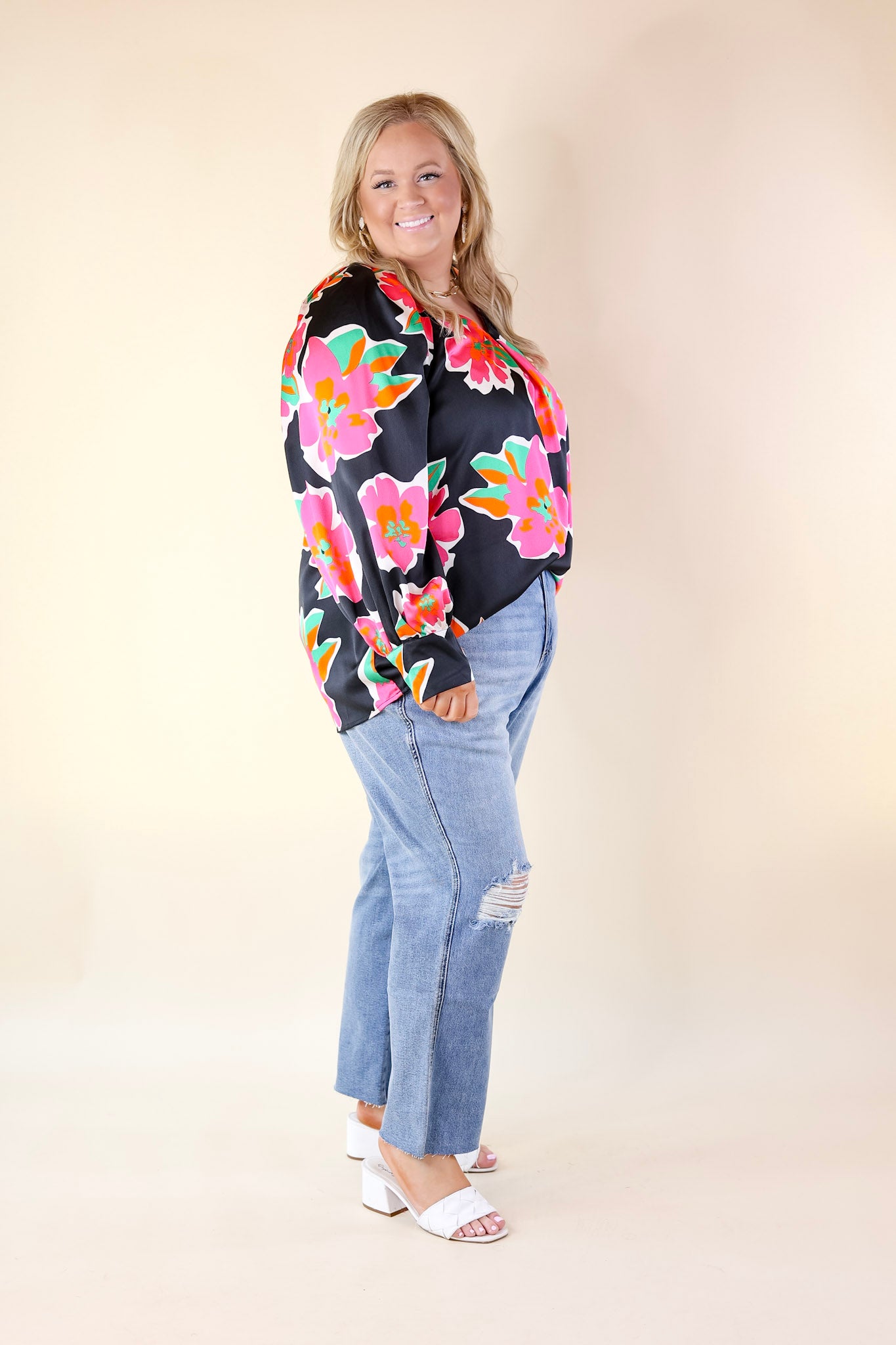 Peony Path Long Sleeve Floral Top with V Neckline in Black - Giddy Up Glamour Boutique