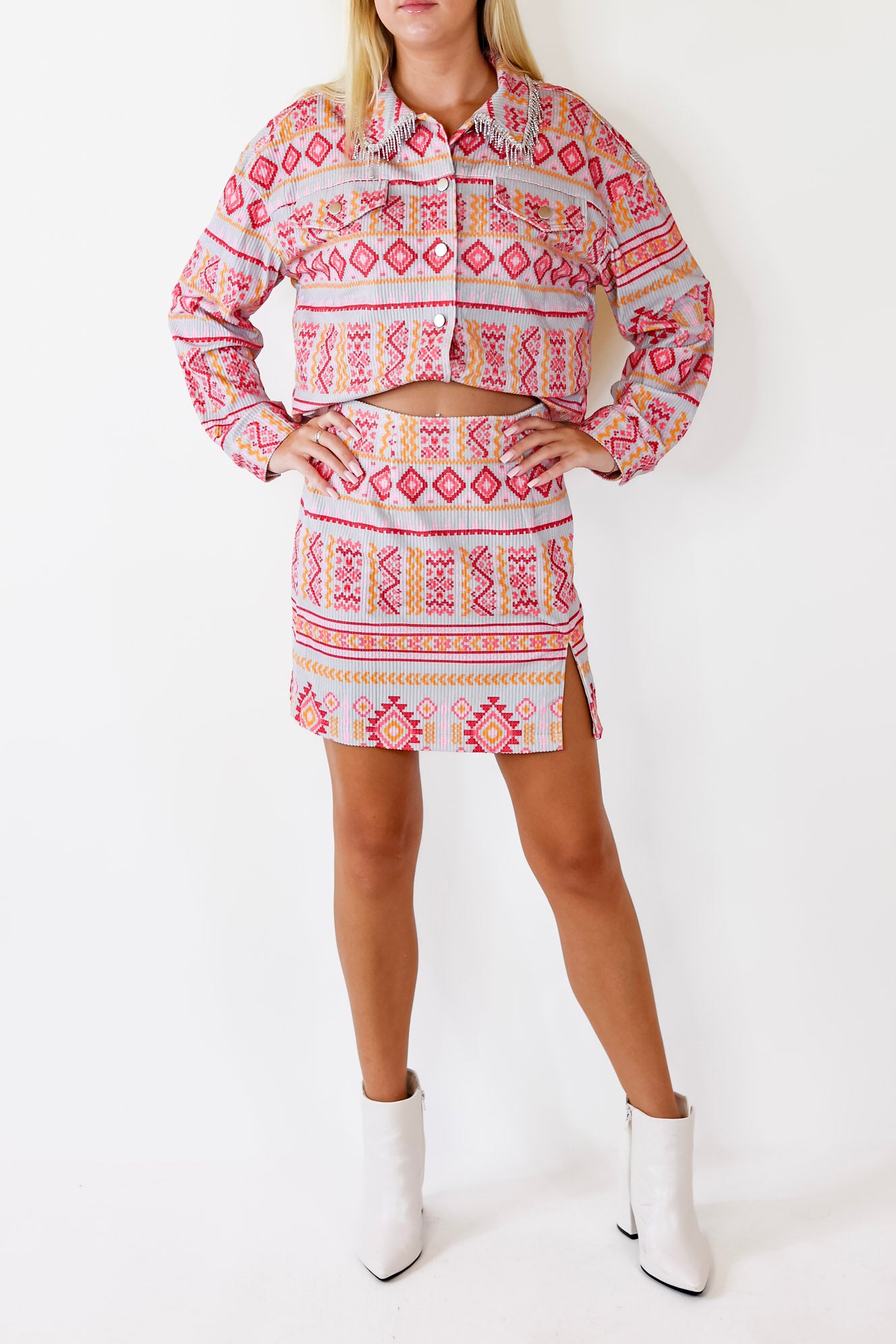 Music For The Soul Corduroy Aztec Print Mini Skirt in Grey - Giddy Up Glamour Boutique