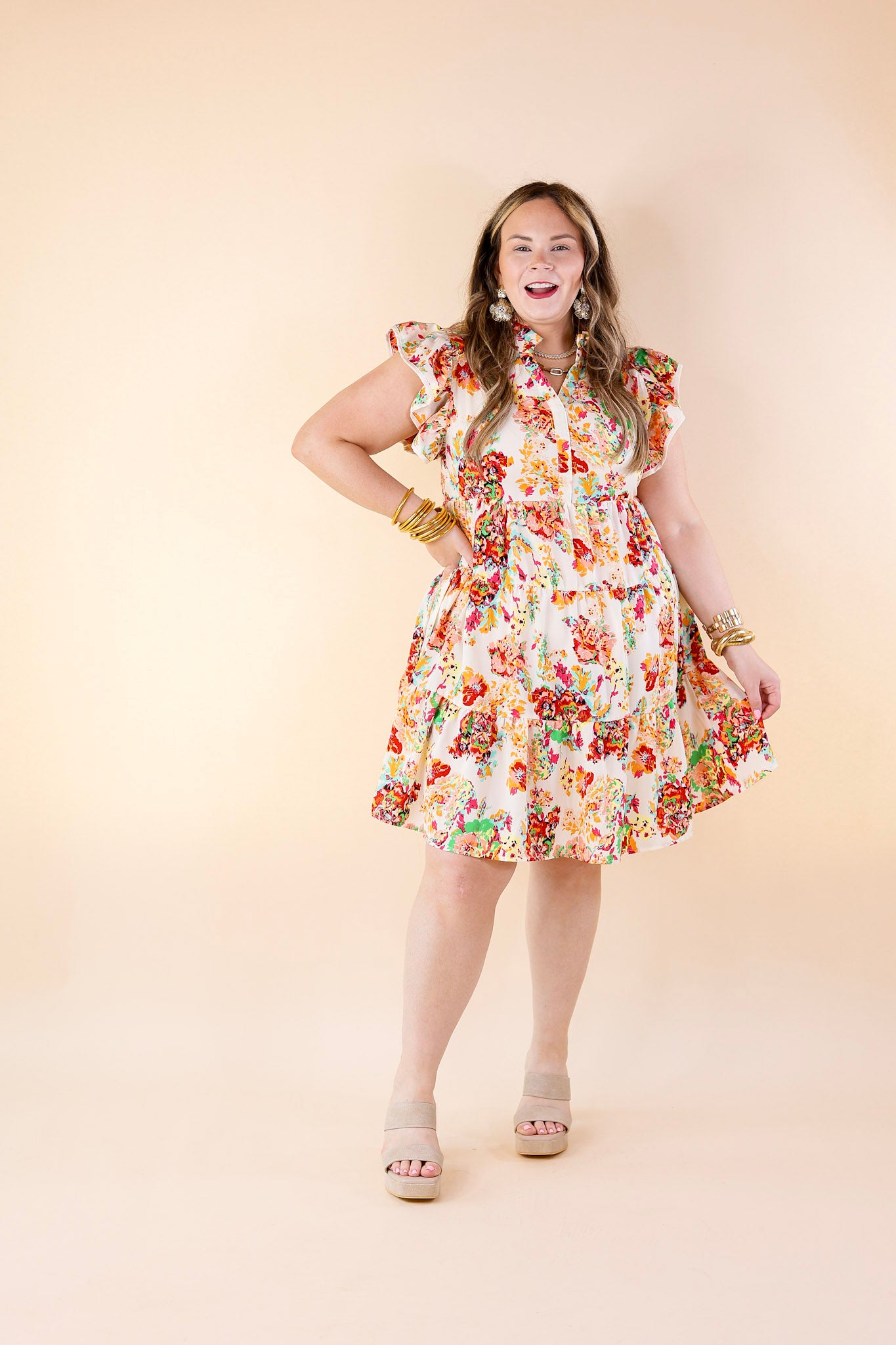 Best Route Floral Ruffle Cap Sleeve Dress in Cream - Giddy Up Glamour Boutique