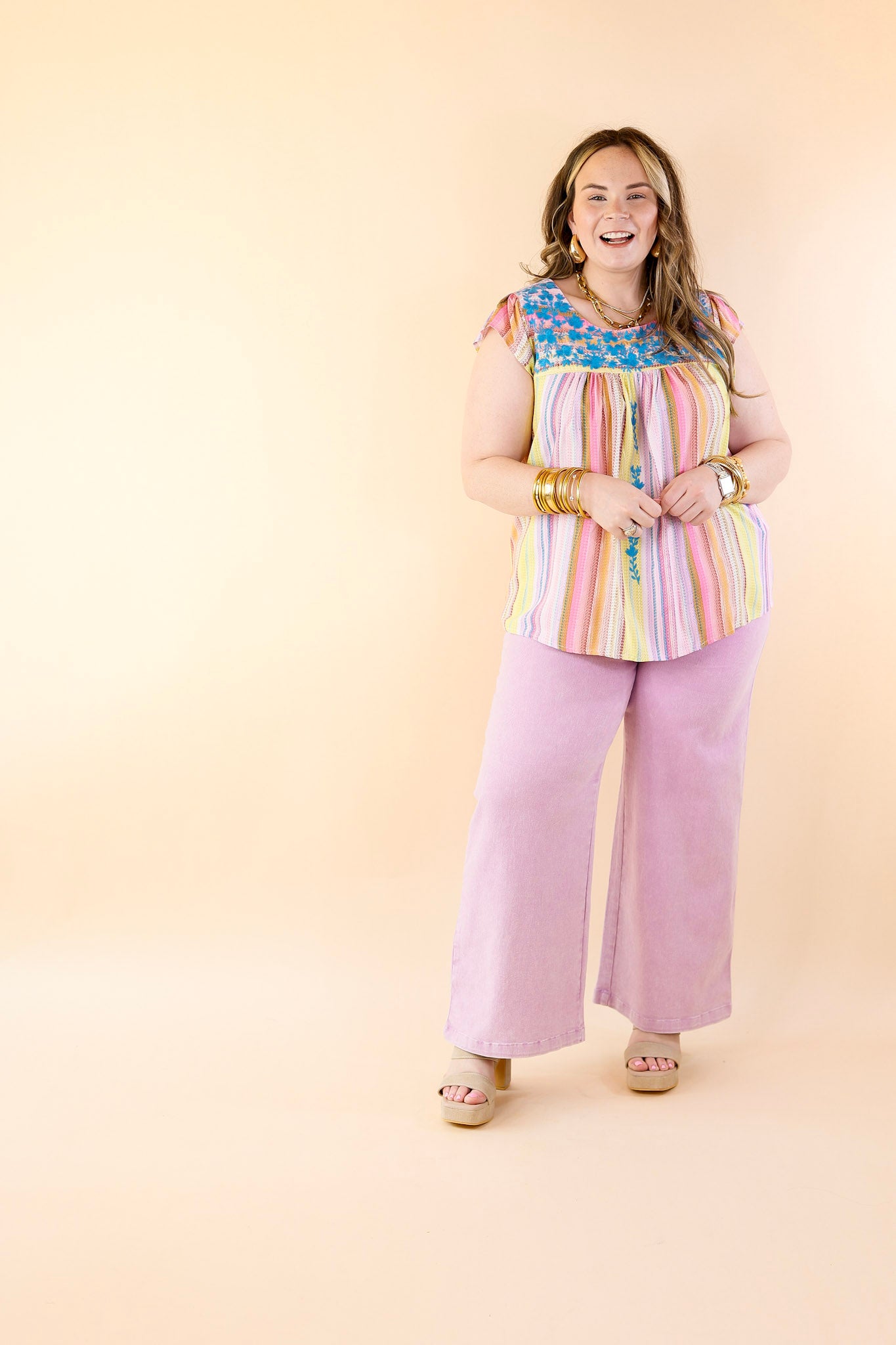 Grab My Hand Serape Ruffle Cap Sleeve Top with Floral Embroidery in Pink Mix - Giddy Up Glamour Boutique