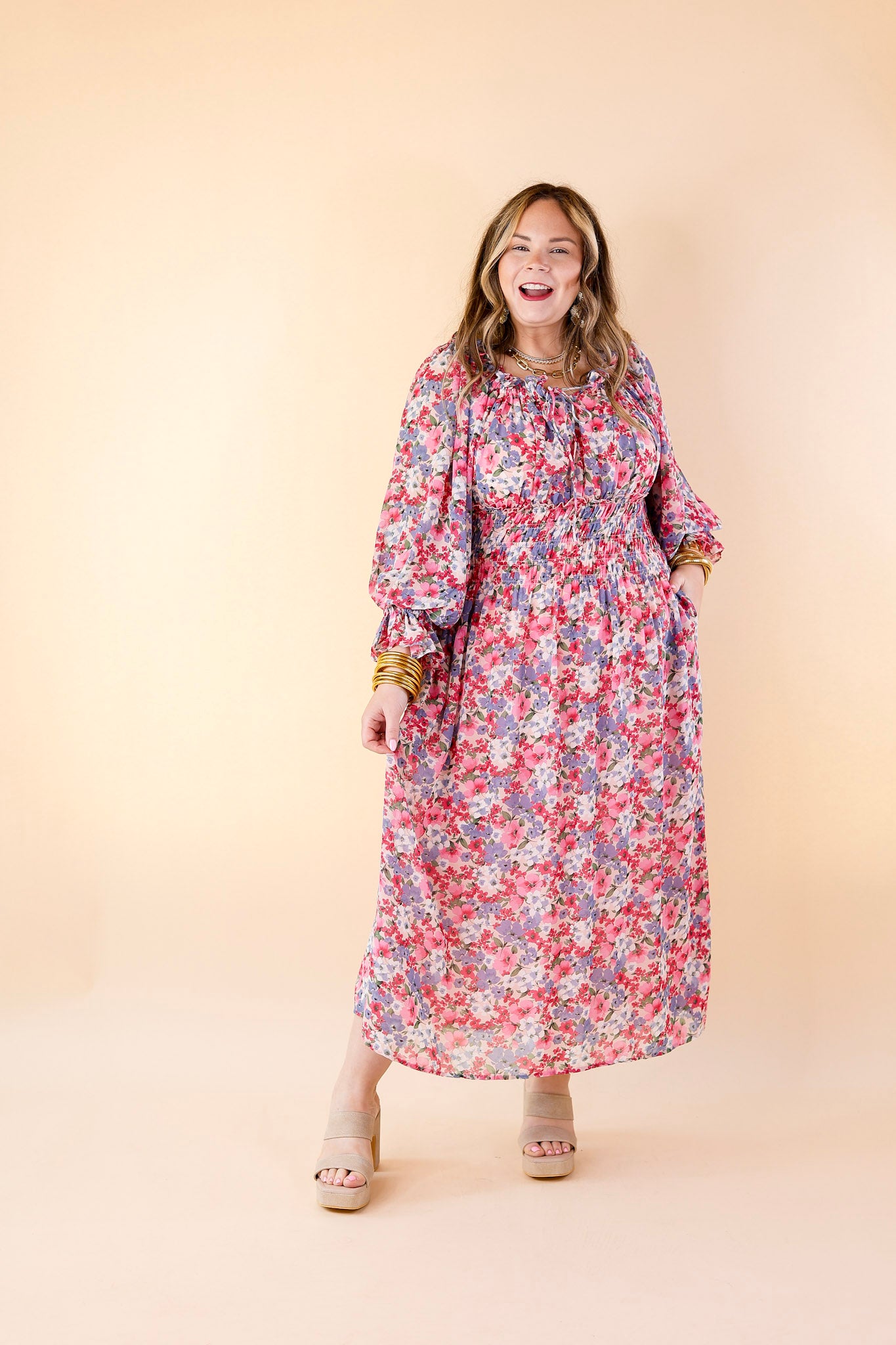 Feeling Floral Smocked Waist Floral Maxi Dress in Pink - Giddy Up Glamour Boutique