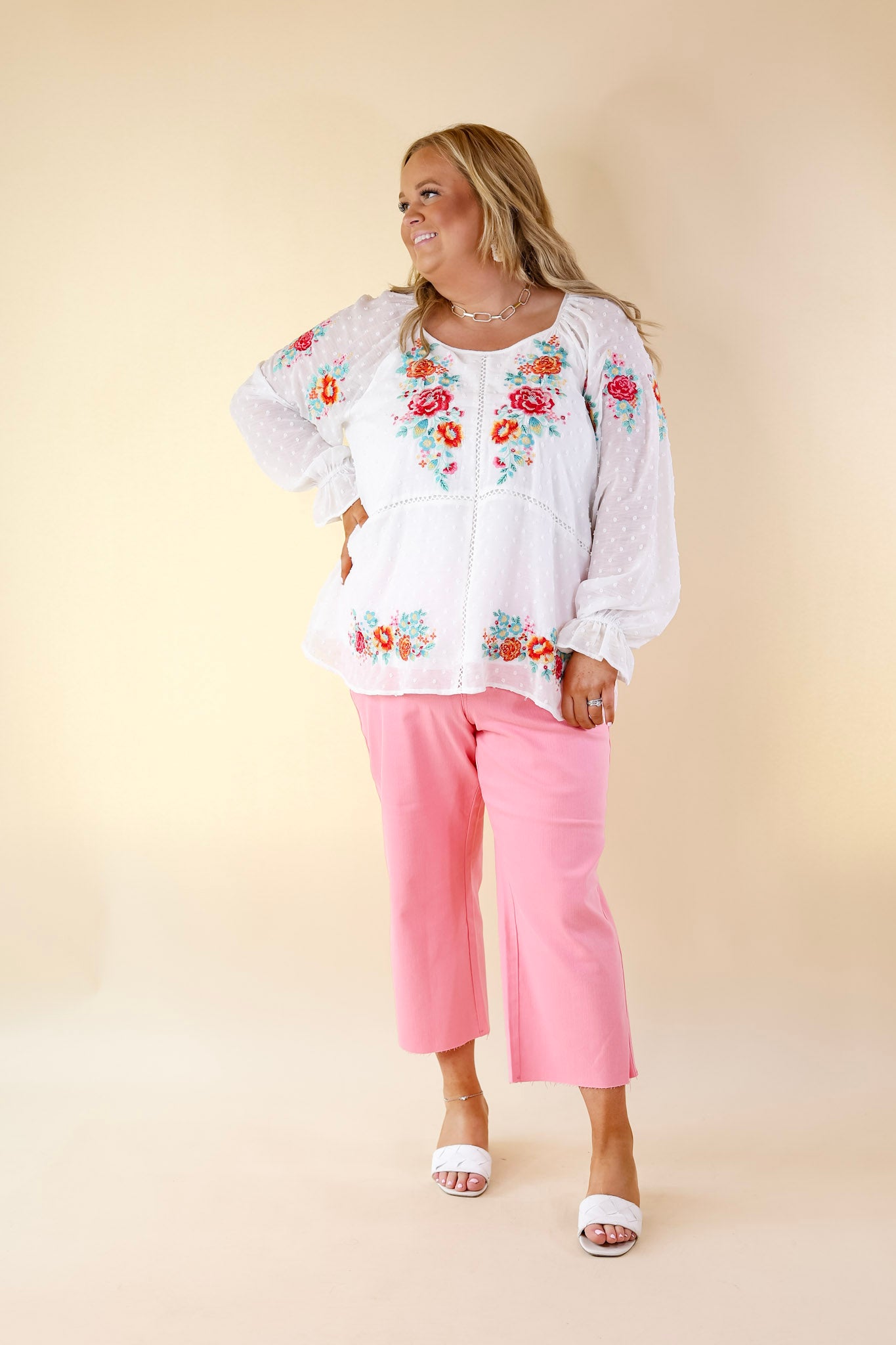 Patio Days Swiss Dot Long Sleeve Blouse with Floral Embroidery in White - Giddy Up Glamour Boutique