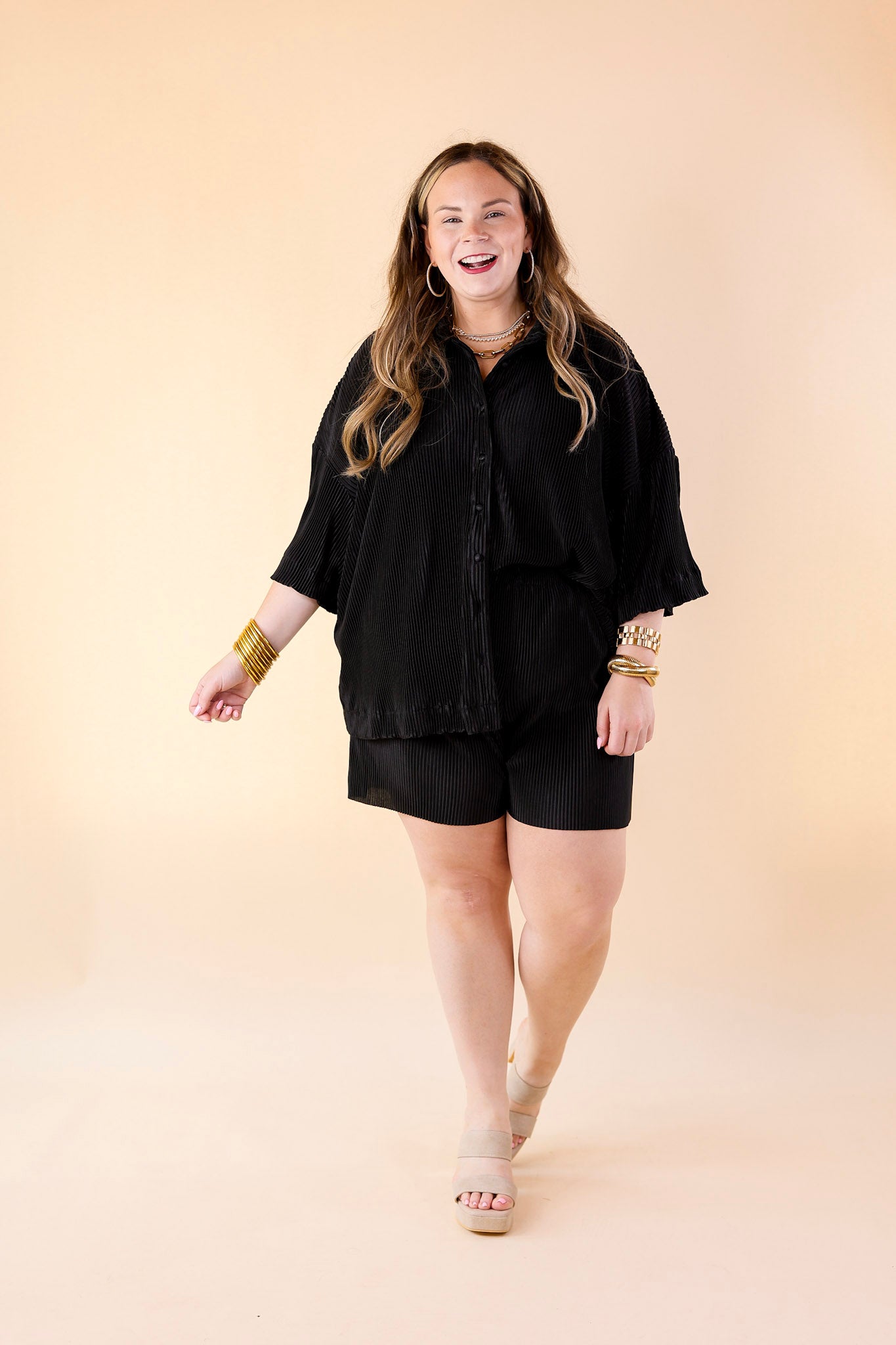 Make Me Dance Plissé Ribbed Button Up Top in Black - Giddy Up Glamour Boutique