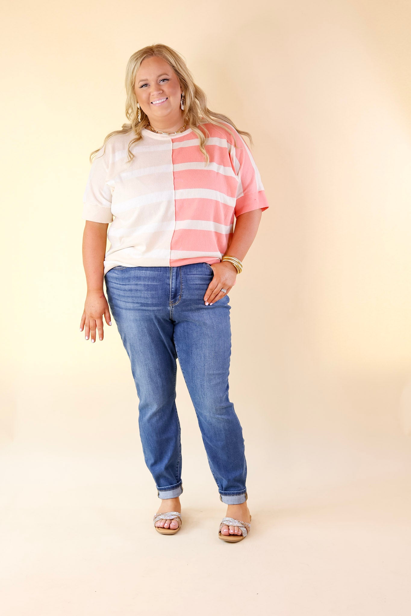 Urban Chic Color Block Striped Knit Top in Cream and Coral - Giddy Up Glamour Boutique
