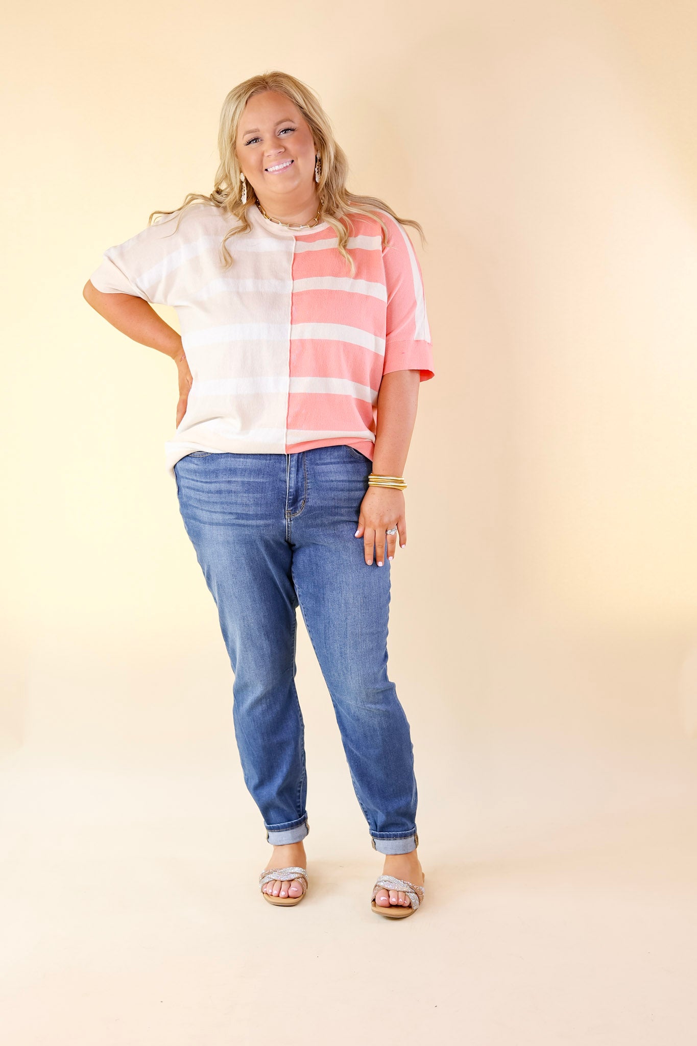 Urban Chic Color Block Striped Knit Top in Cream and Coral - Giddy Up Glamour Boutique