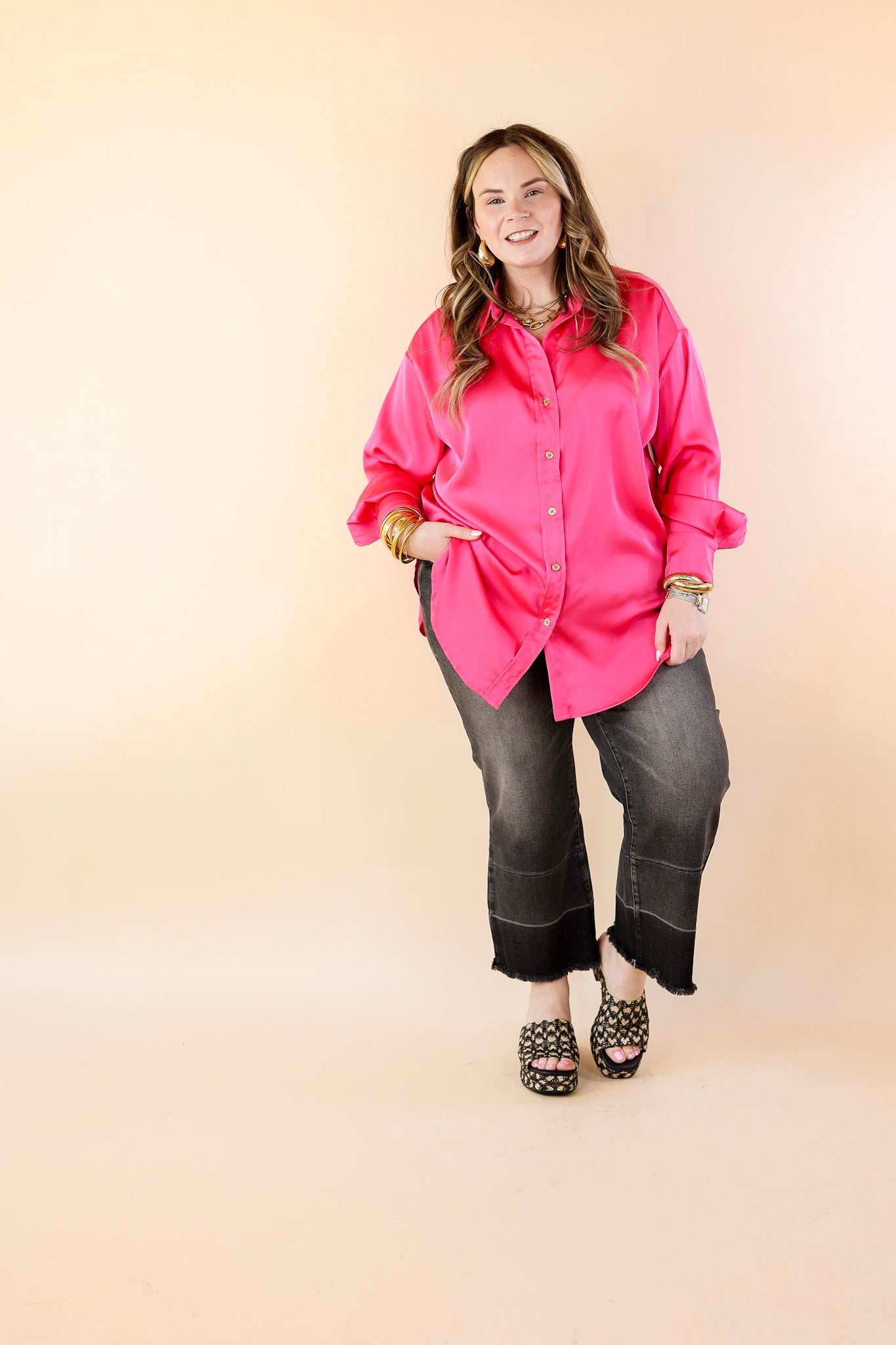 Tell Me Something Good Long Sleeve Button Up Top in Hot Pink - Giddy Up Glamour Boutique