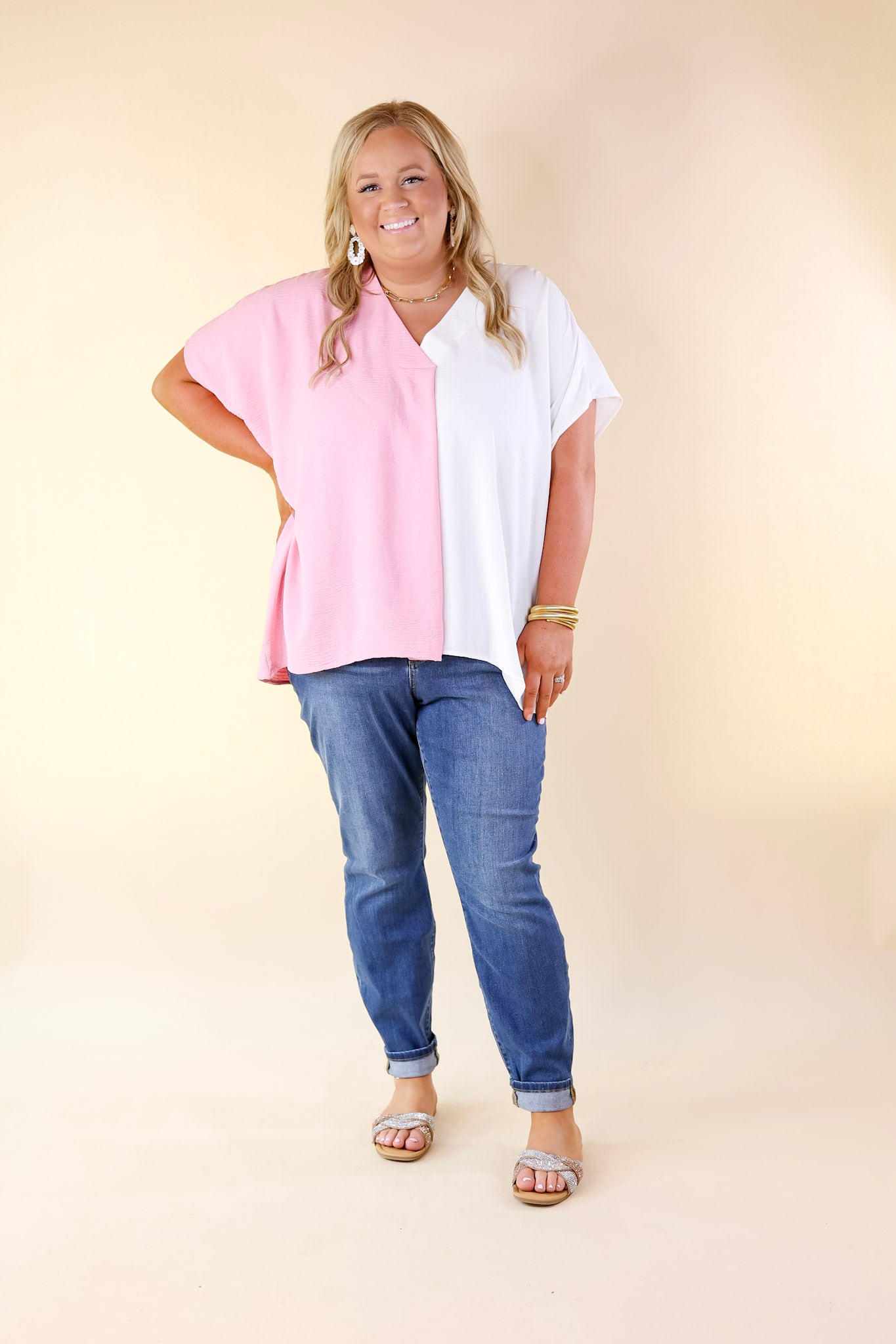 Weekend Out V Neck Placket Color Block Short Sleeve Top in Ivory and Pink - Giddy Up Glamour Boutique
