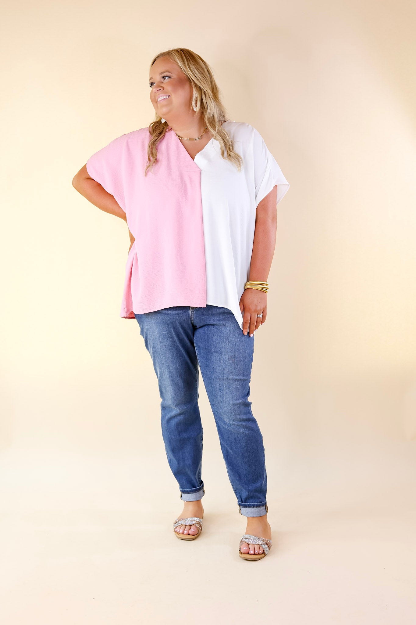 Weekend Out V Neck Placket Color Block Short Sleeve Top in Ivory and Pink - Giddy Up Glamour Boutique