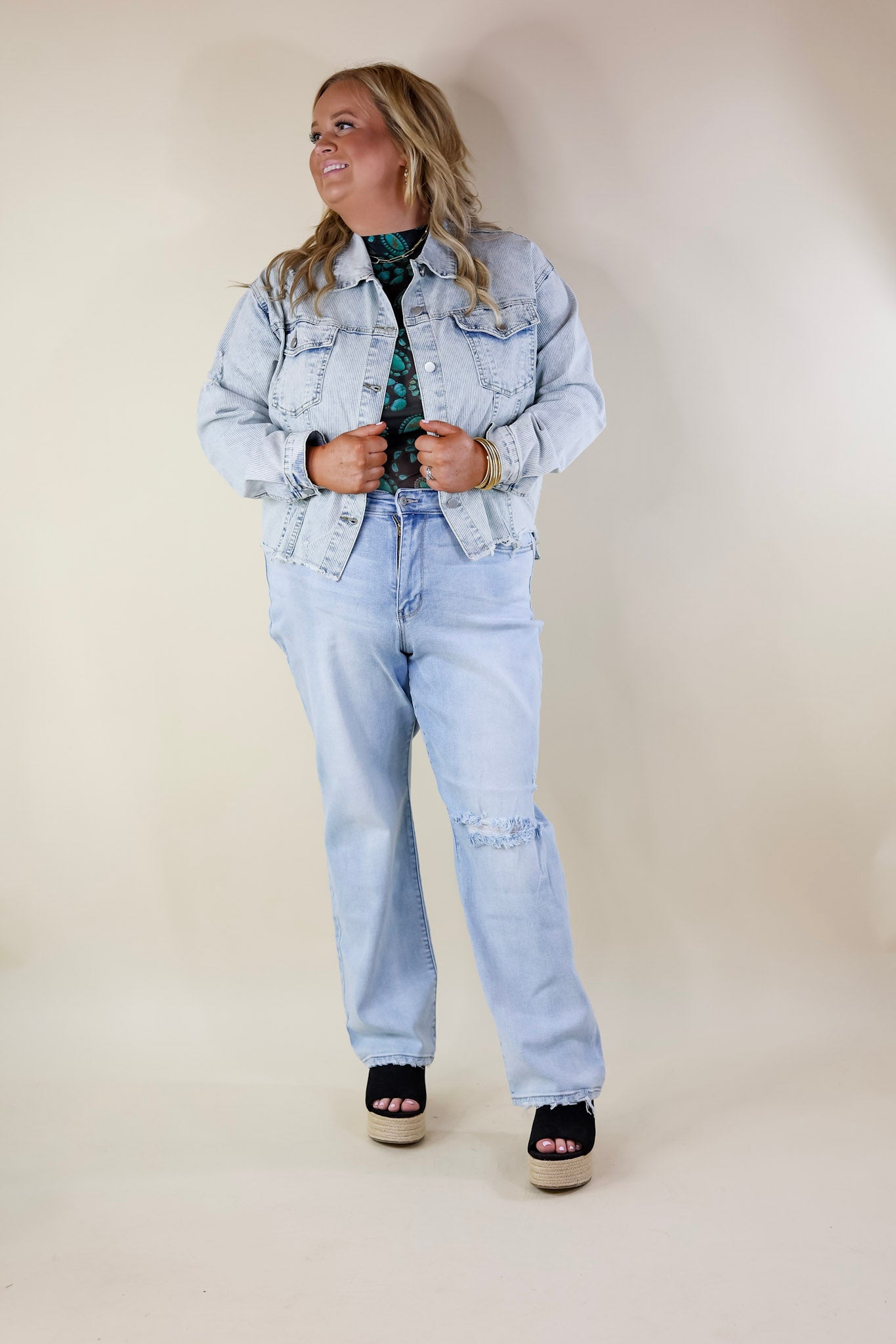 Sweeter with Time Ribbed Crop Denim Jacket in Light Wash - Giddy Up Glamour Boutique