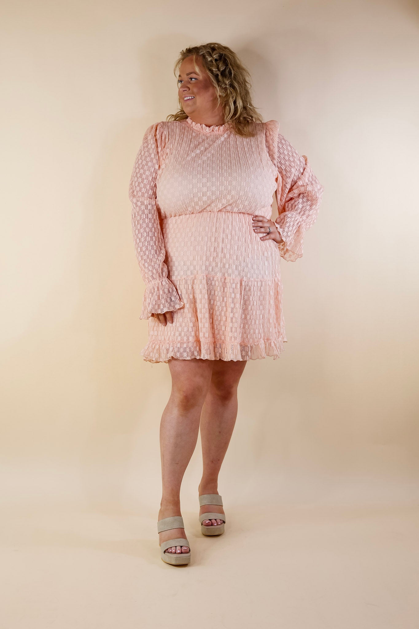 Love and Lace Ruffle Neckline and Long Sleeve Dress in Peach Pink - Giddy Up Glamour Boutique