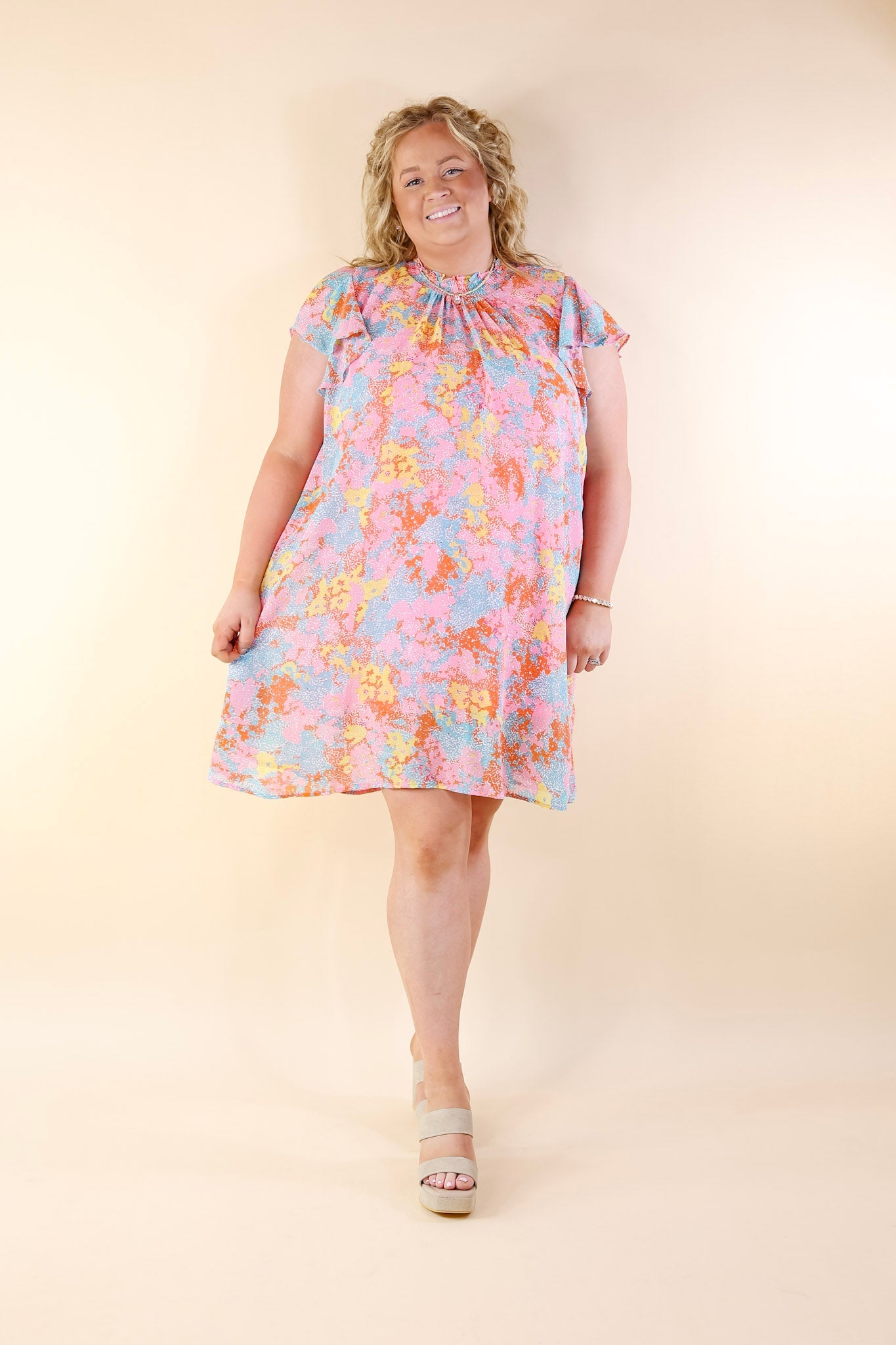 Out On The Town Ruffle Sleeve Floral Dress in Light Pink - Giddy Up Glamour Boutique