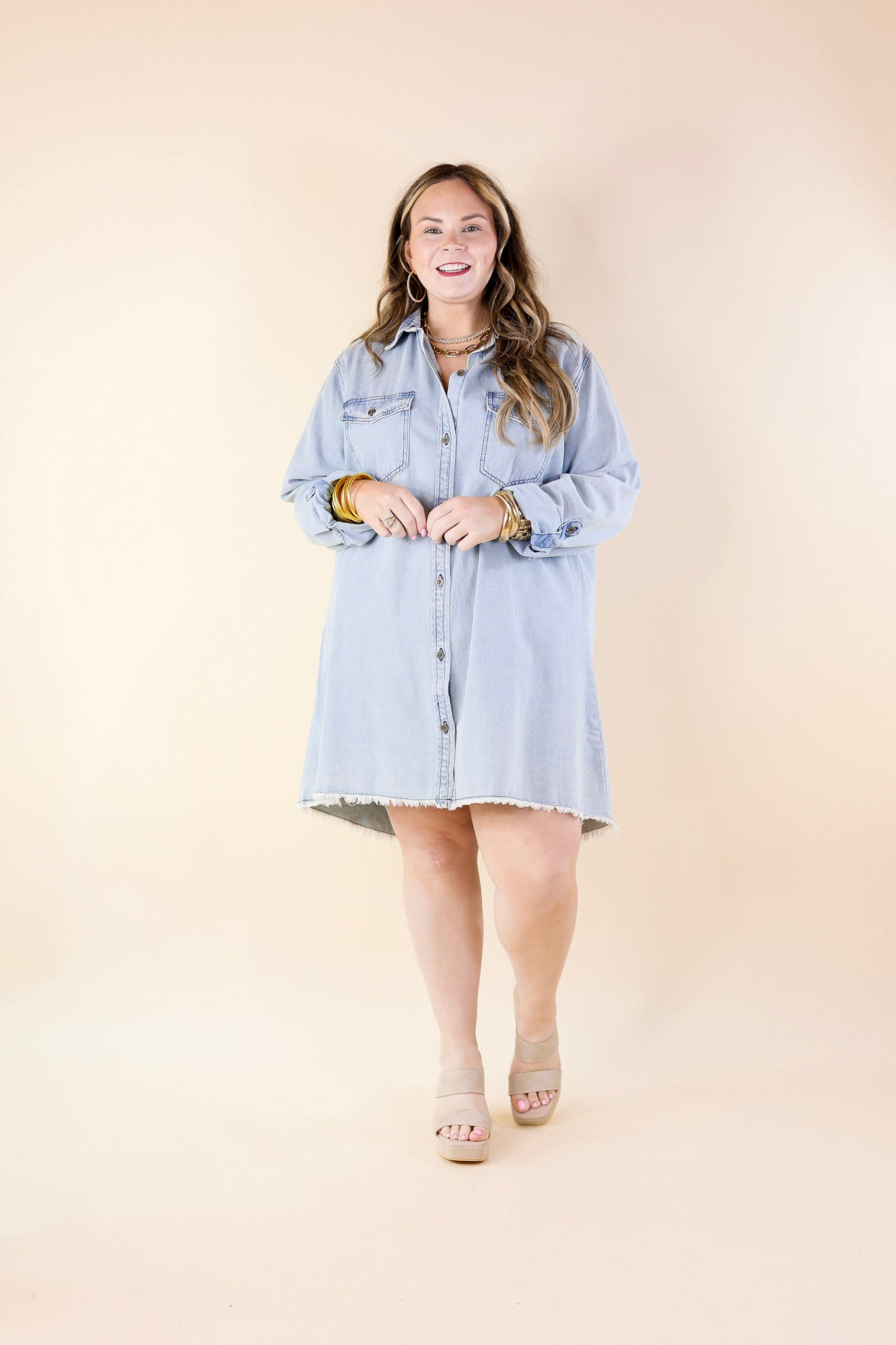 Patio Date Button Up Long Sleeve Denim Dress in Light Wash - Giddy Up Glamour Boutique