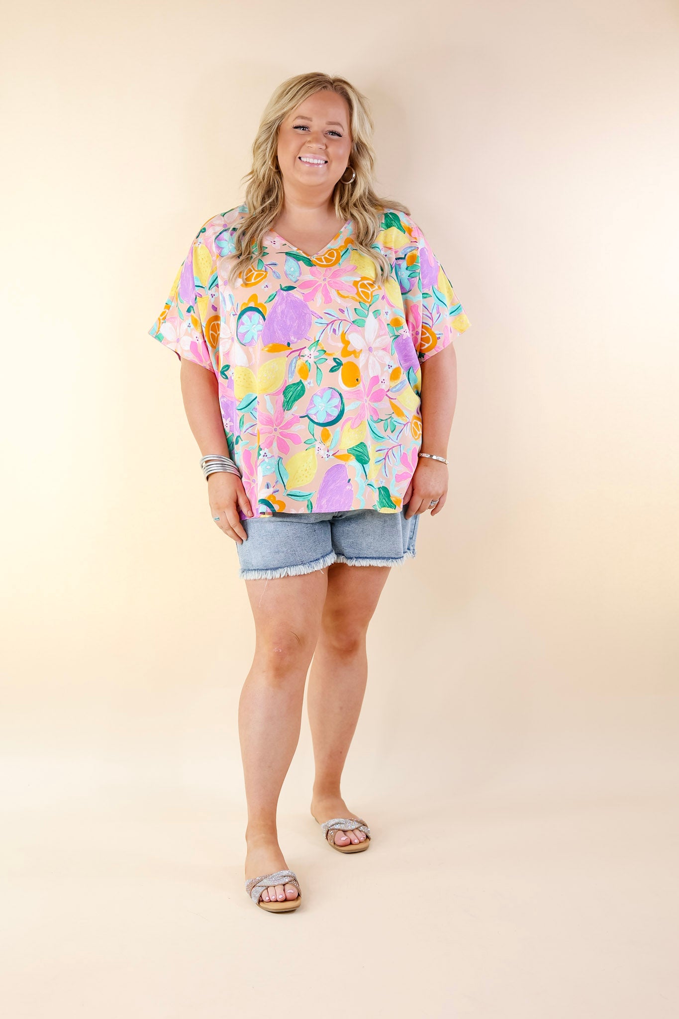Majestic Moment V Neck Fruit Print Poncho Top in Blush Pink - Giddy Up Glamour Boutique