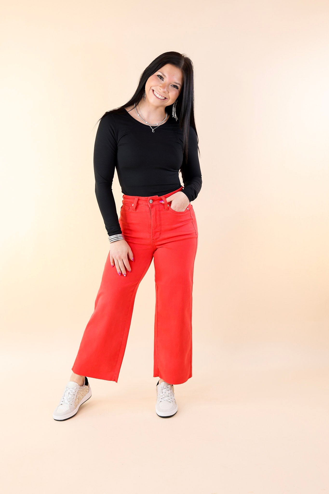 Judy Blue | Sign Me Up Tummy Control Cropped Wide Leg Jeans in Red - Giddy Up Glamour Boutique